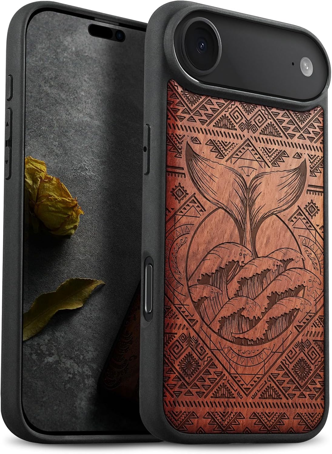 Carveit Magnetic Wooden Case for iPhone Air Case, Wood Artisan Engraved & Soft TPU Shockproof Cover, Compatible with MagSafe 17 Air Wireless Chargers (Whale Tail in The Waves) Rosy