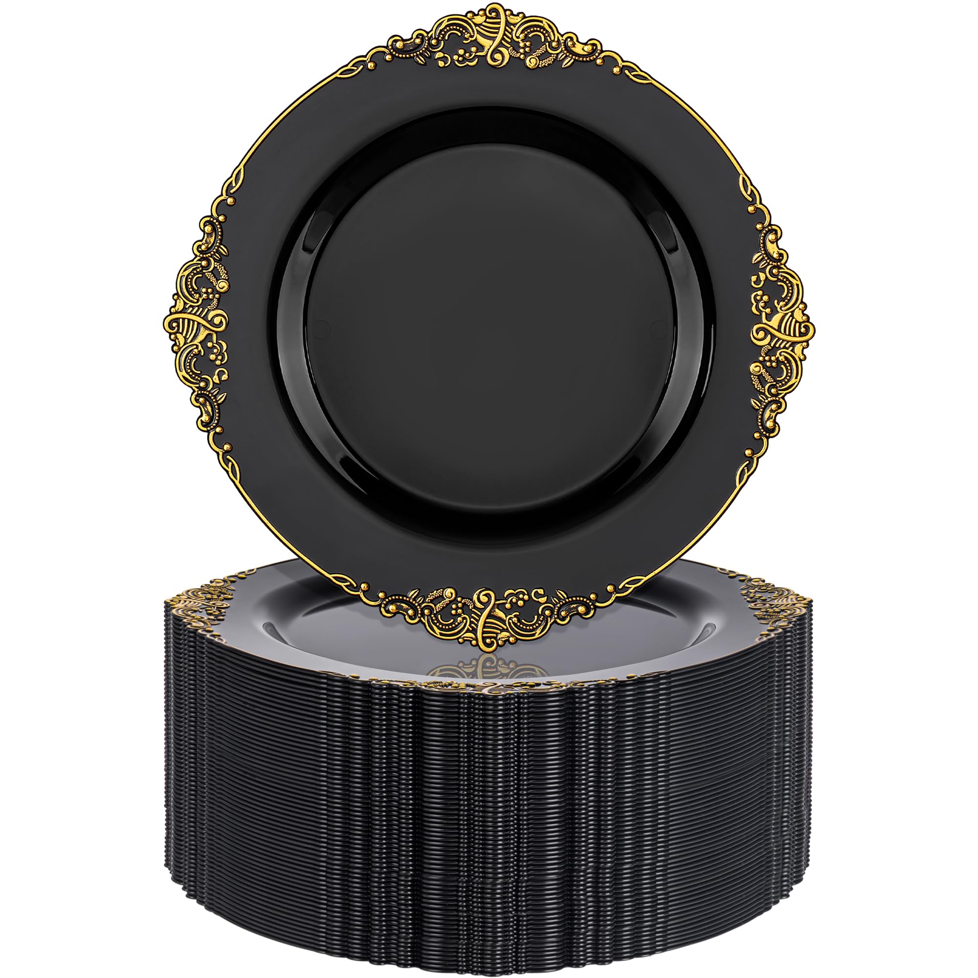 Nervure 100PCS Black Gold Plastic Plates - 7.5 inch Black Plastic Plates with Gold Rim - Disposable Dessert Plates for Wedding & Party & New Year