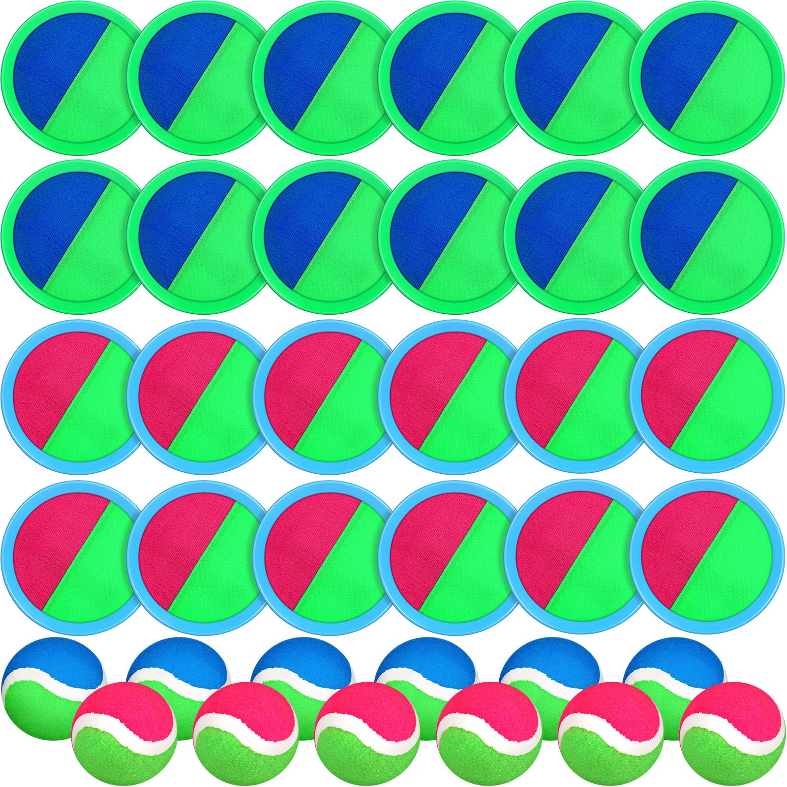 Charniol Kids Toss and Catch Game,Blue Green Pink,24 Paddles 12 Balls