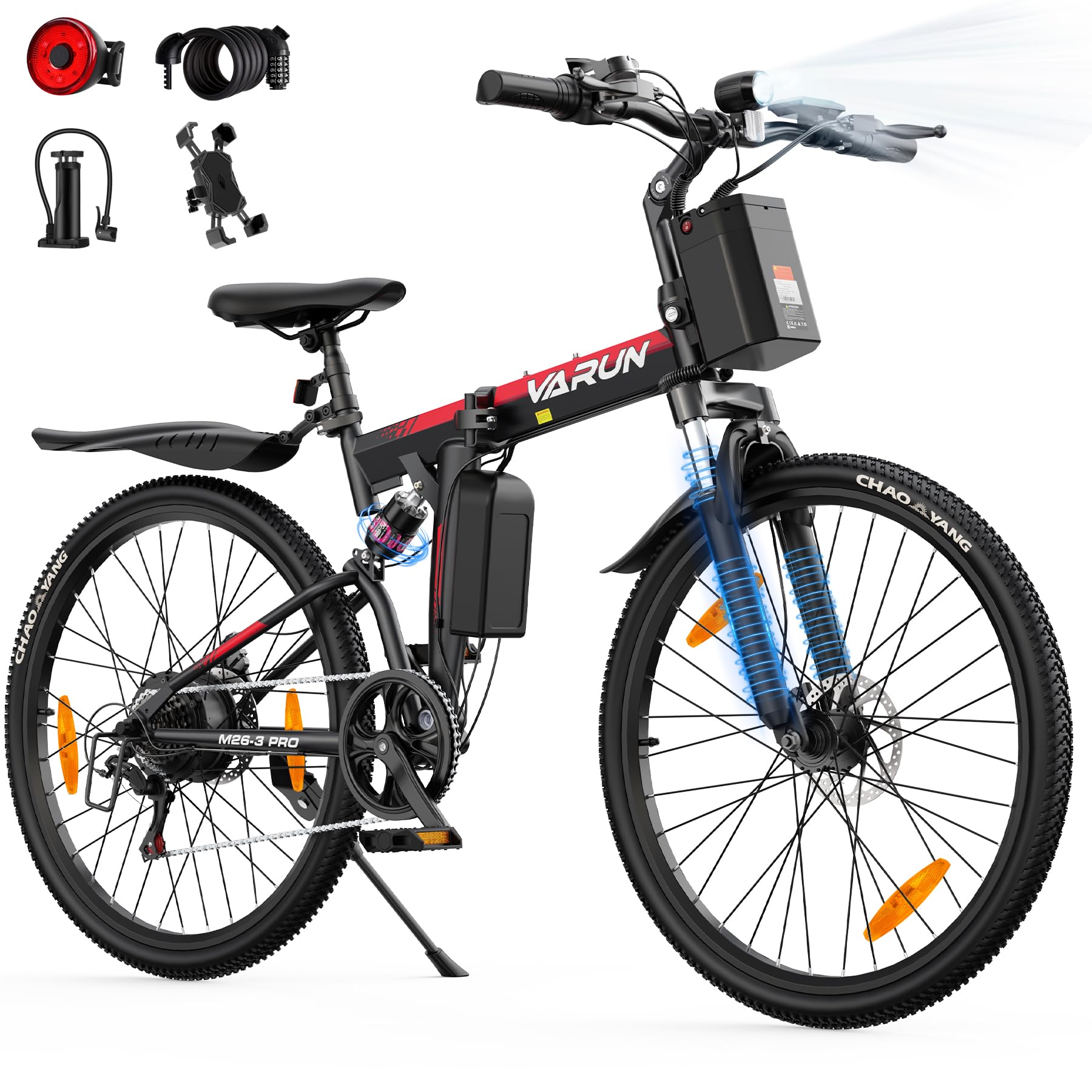 VARUN E-Bike Klapprad 26 Zoll Mountainbike fr Herren Damen, 48V 374,4Wh  Akku Elektrofahrrad mit 250W Motor (55Nm), 80KM Reichweite, LCD mit 5 PAS, E-Mountainbike  mit 7-Gang fr Pendler & Gelnde : Amazon.de: