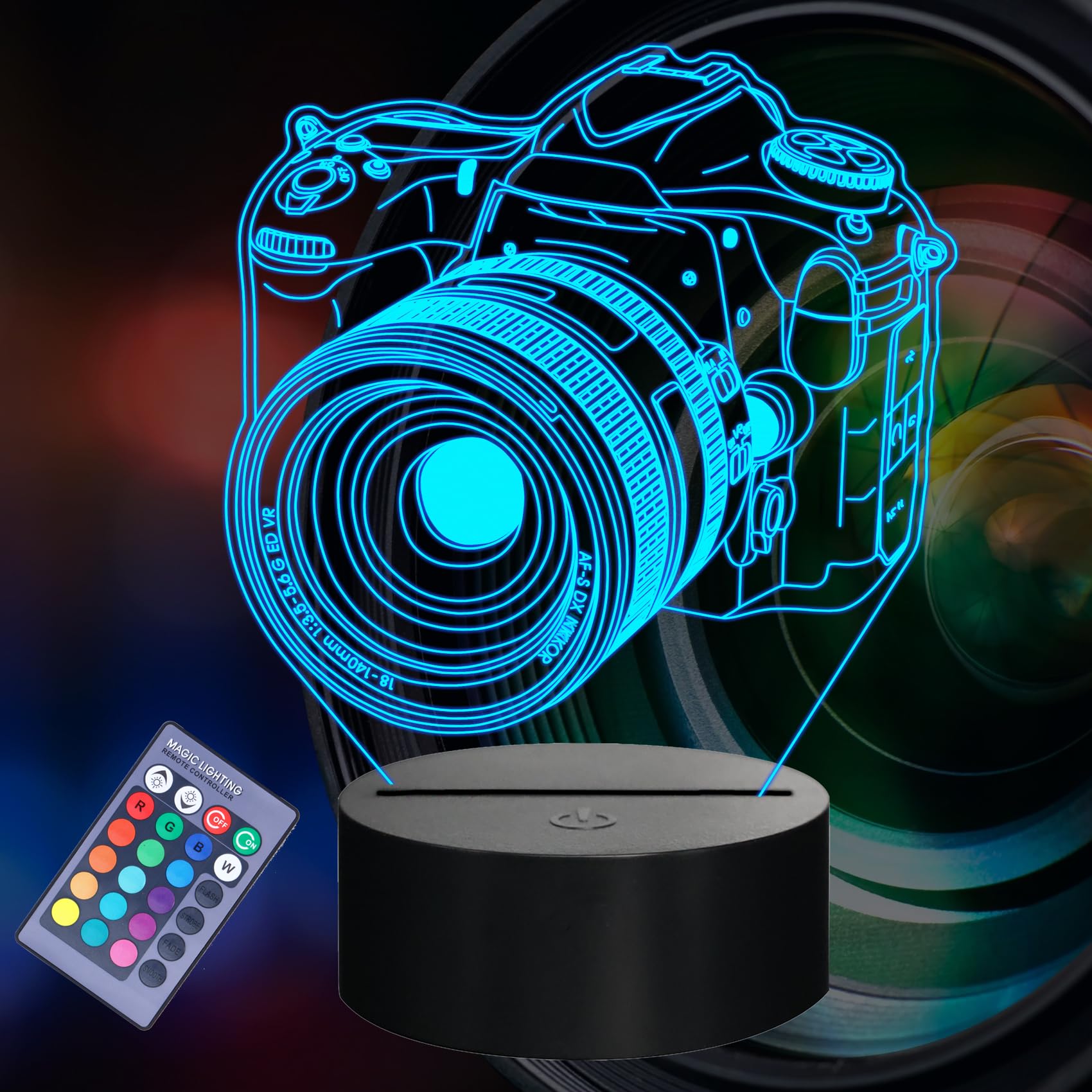 POSSHE Photographer Gifts for Men Camera 3D Night Light with Remote Control, 16 Colors Changing, RGB Flashing Mode, Dimmable