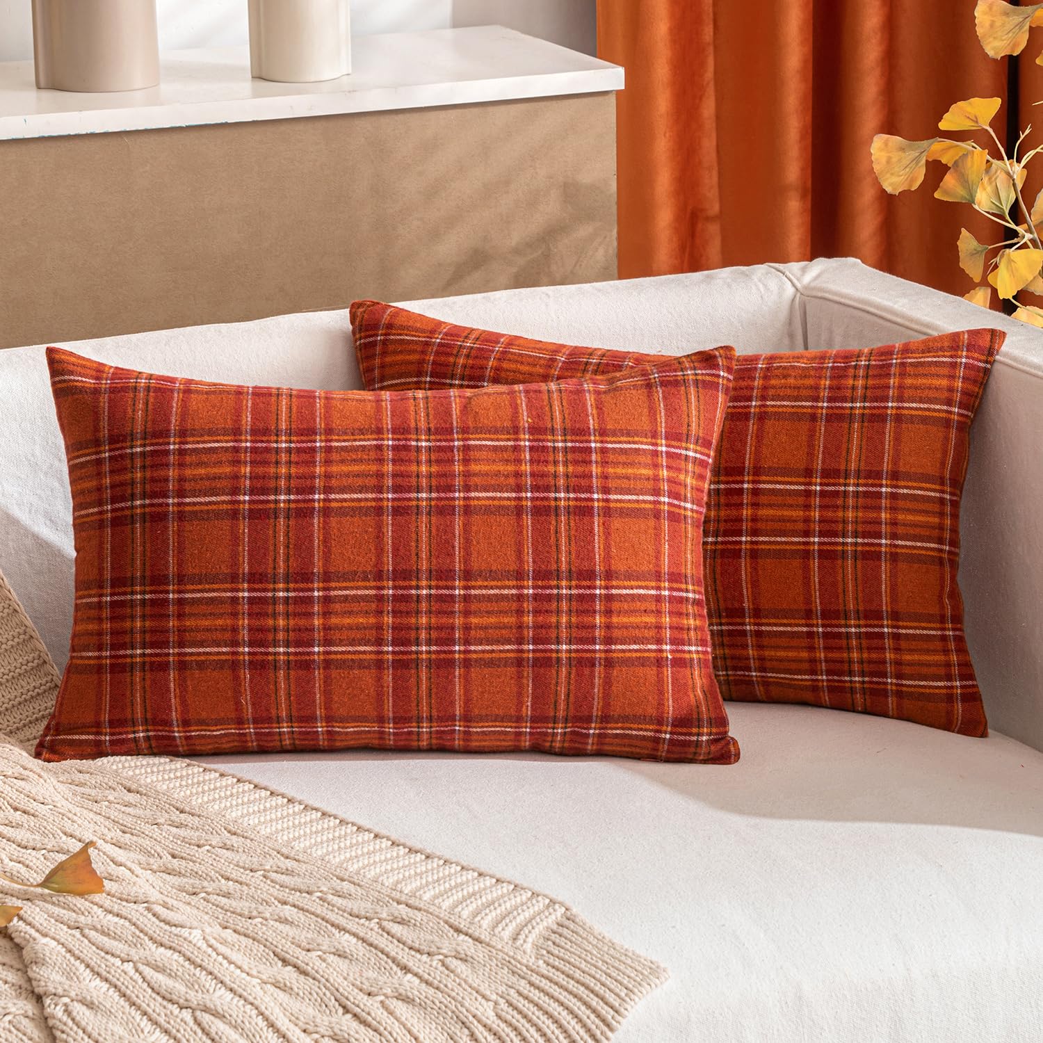 MIULEE Fall Plaid Pillow Covers Scottish Tartan 12x20 Burnt Orange | Set of 2 Fall Decorations Lumbar Cushion Covers, Farmhouse Winter Home Decor, for Thanksgiving Sofa Couch Bed Living Room