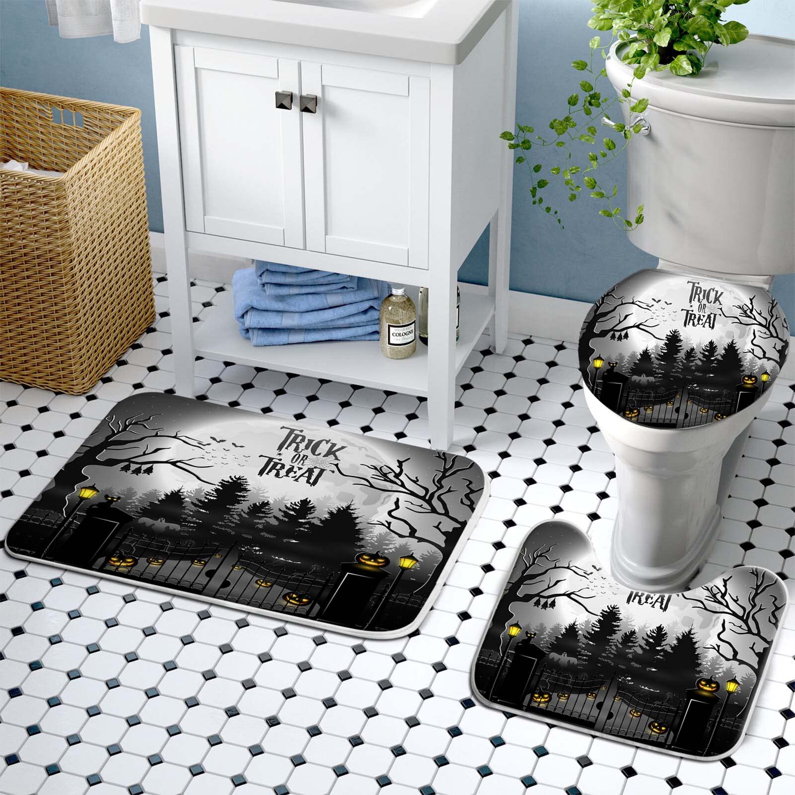 Halloween-Duschvorhang-Set – 4-teilig Mit Badematte, WC-Deckel & Teppich, Grusel-Design