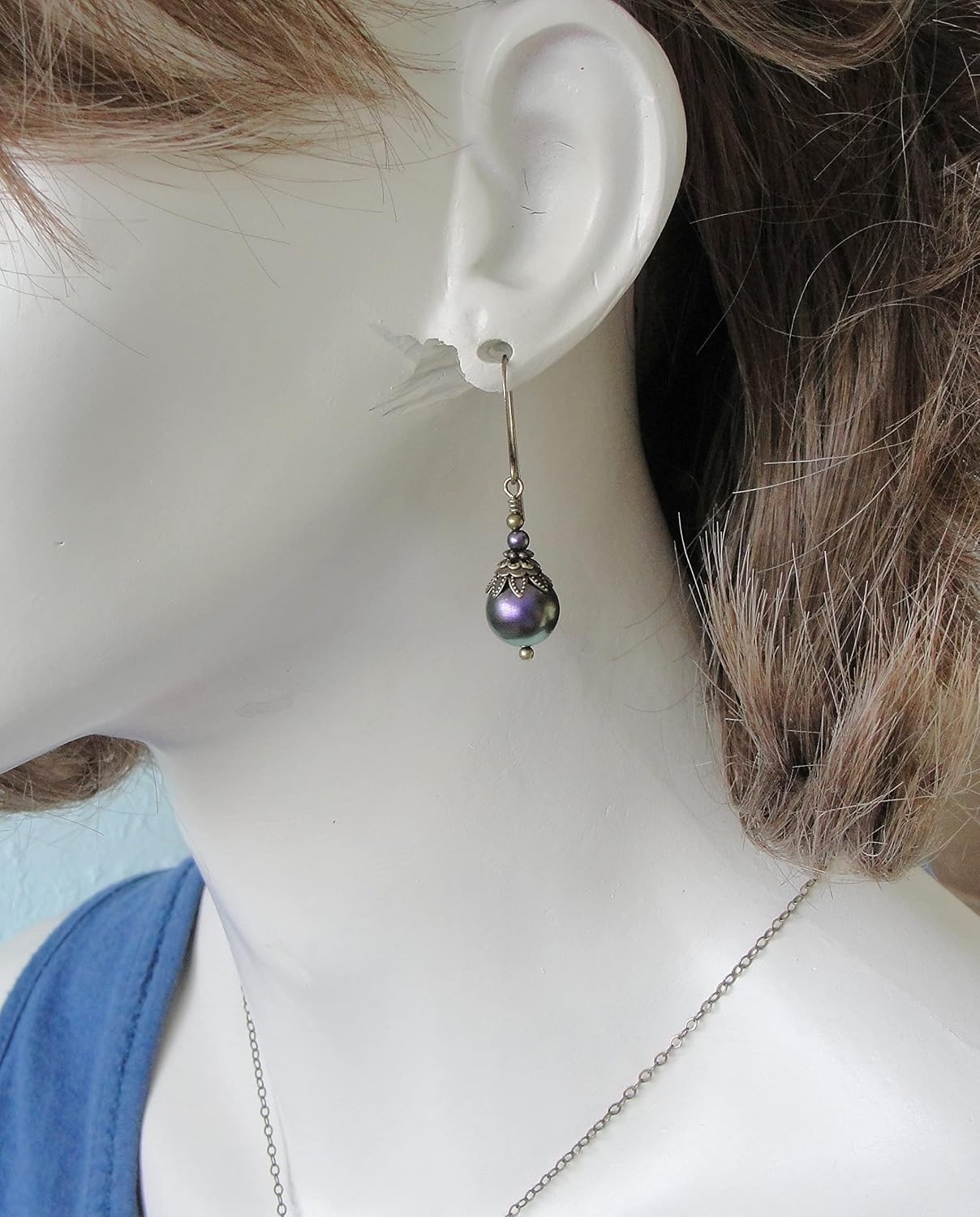Purple Victorian Earrings with Manmade Simulated Pearls and Brass
