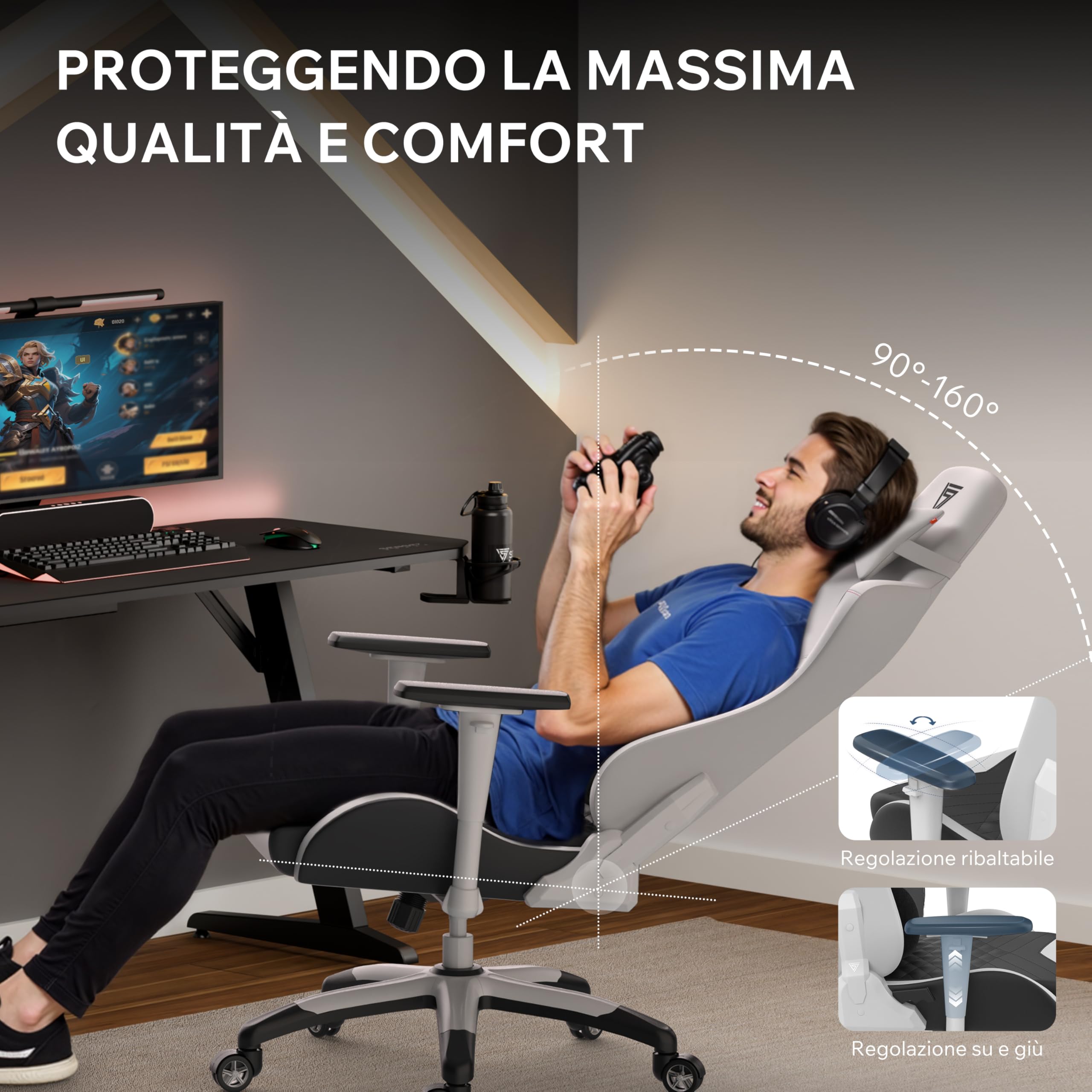 SENSE7 Poltrona da gioco Spellcaster Edizione Senshi XL, ergonomico, cuscini lombari regolabili, inclinazione regolabile, funzione di oscillazione, sedia da gioco in similpelle, 150kg, sedia PC bianca