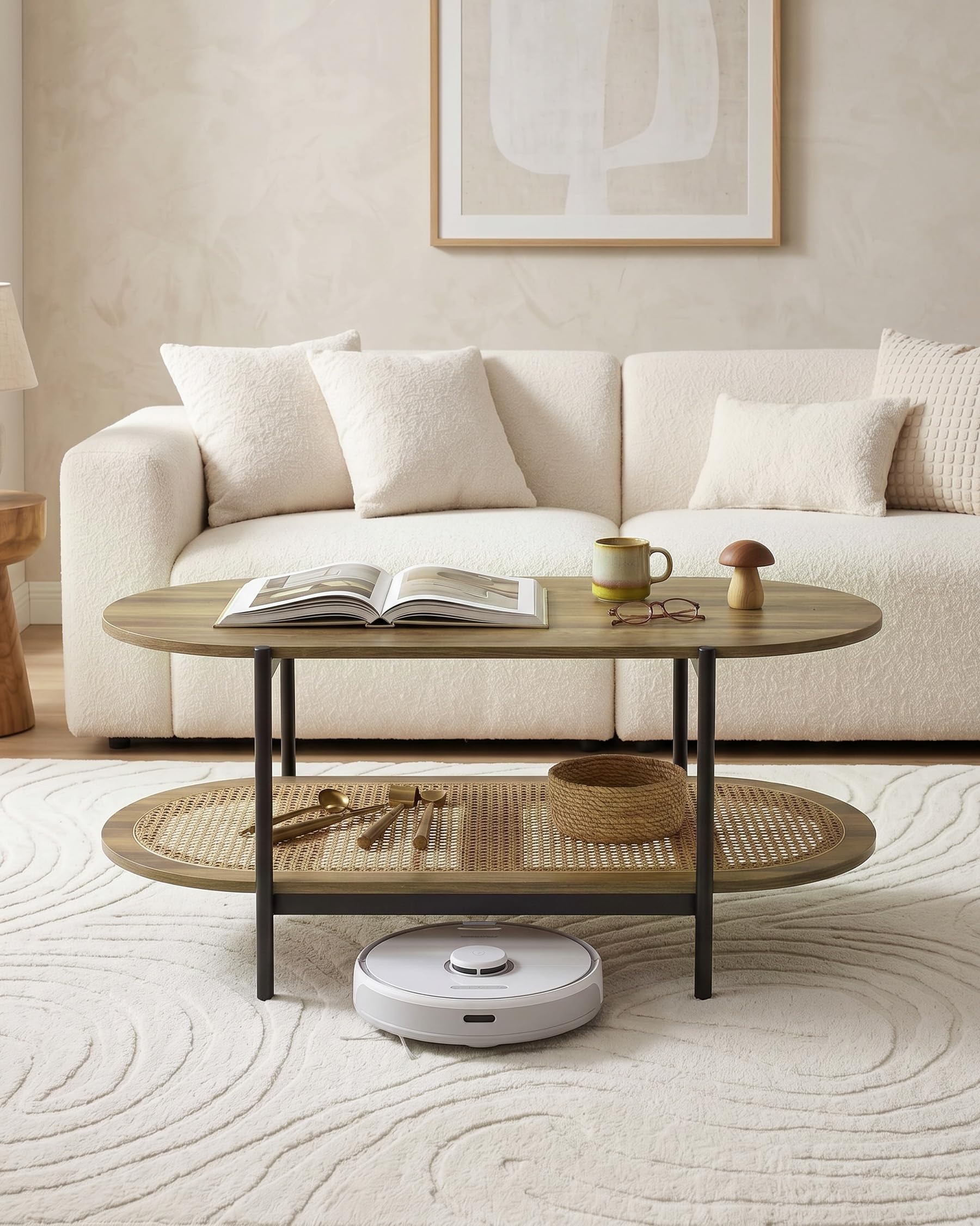 Tavolo Ovale, Tavolino Salotto Moderno Legno, Coffee Table, Tavolino da Salotto Moderno Legno con telaio nero e scaffale