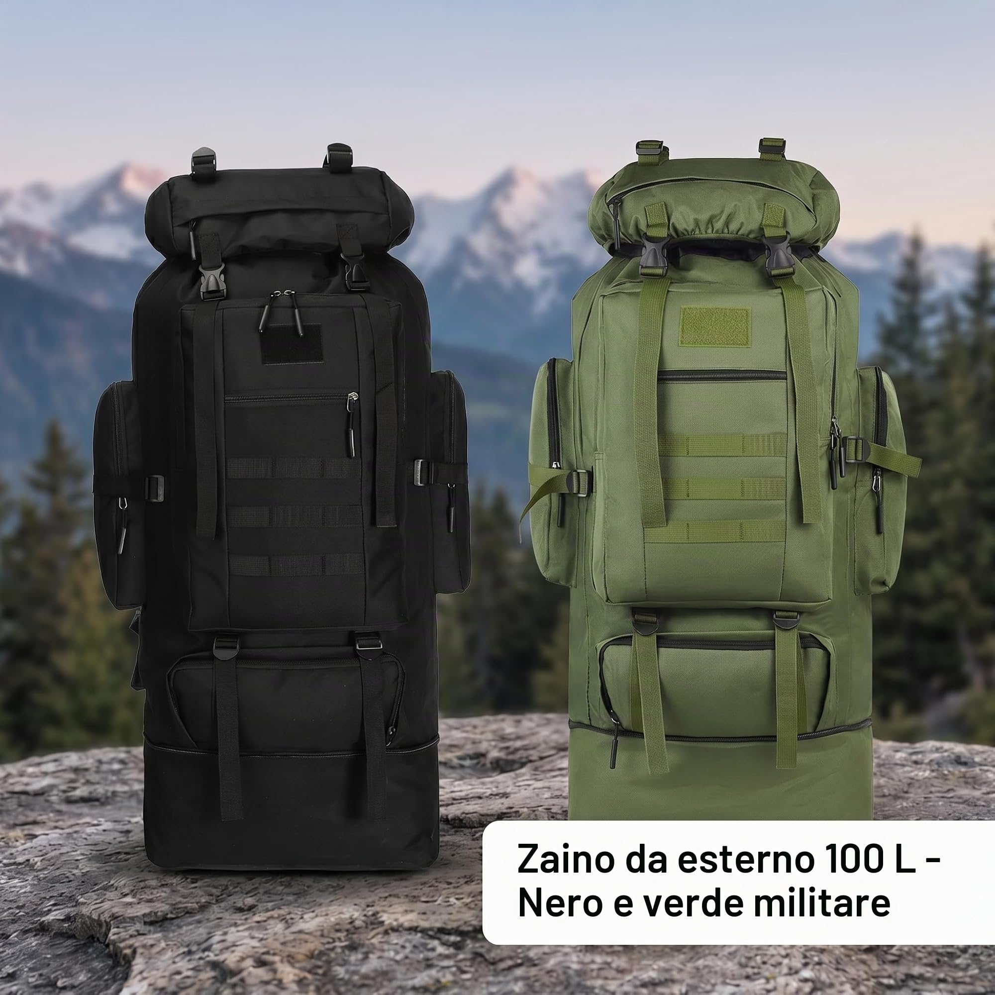 Zaino da trekking e escursionismo da 100 l, grande, per campeggio, viaggi e avventure, ergonomico, impermeabile, robusto, nero e verde militare