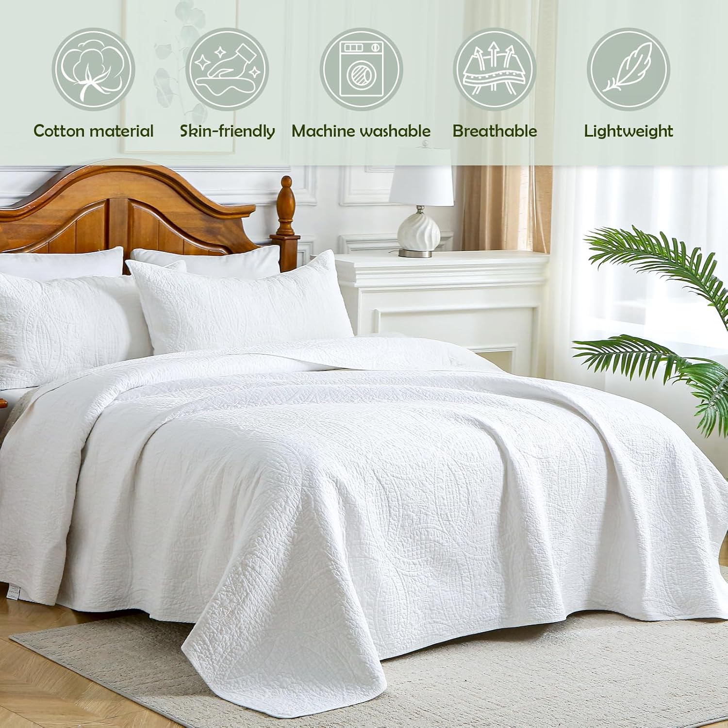 White 100% Cotton Queen Size Quilt Bedding Set, 3 Pieces Modern Style Coin Pattern Bedspread, Soft Bed 100% Cotton Batting Coverlet, All-Season Quilted Comforter Bed Cover, 1 Quilt , 2 Pillowcases