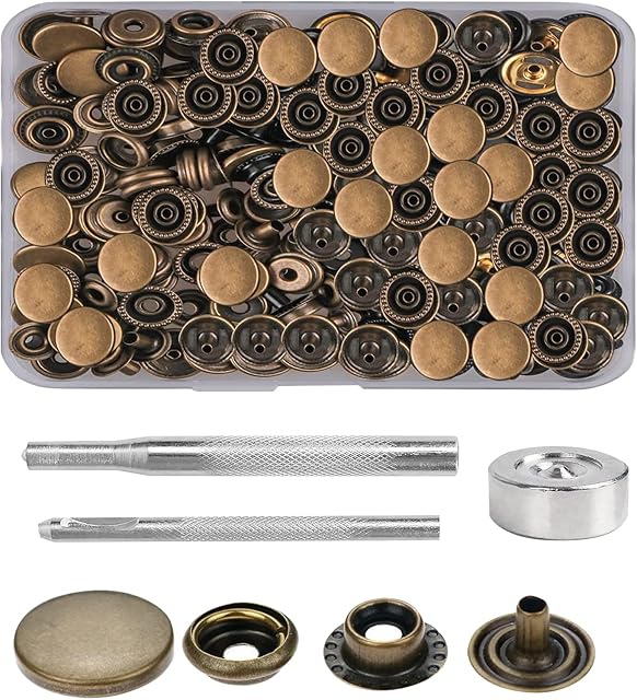 Karjiaja 35 PCS Press Studs Cap Button Stainless Steel Snap Fasteners Kit with Tool Leather Snaps Stud Fasteners Heavy Duty Snap Buttons Canvas Snaps Press Stud Kit for Clothing Leather Bags Jeans