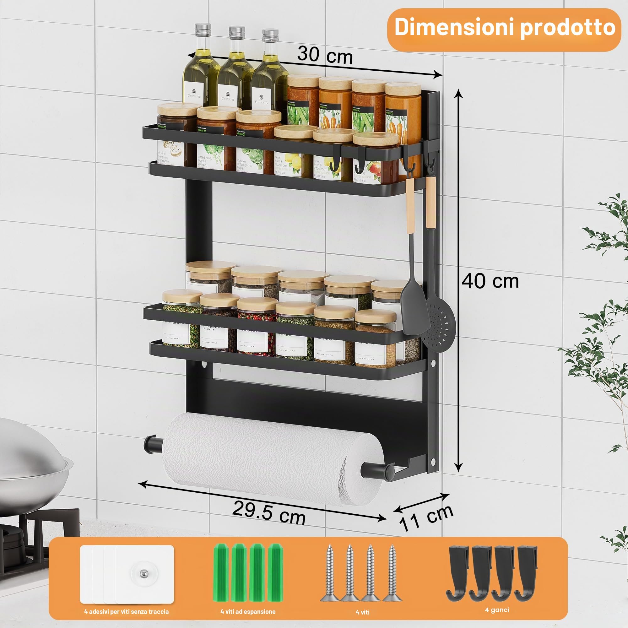 Porta Spezie per Cucina con Porta Rotolo da Cucina e 4 Ganci –Portaspezie da Parete Senza Forature per Organizzare e Risparmiare Spazio in Cucina