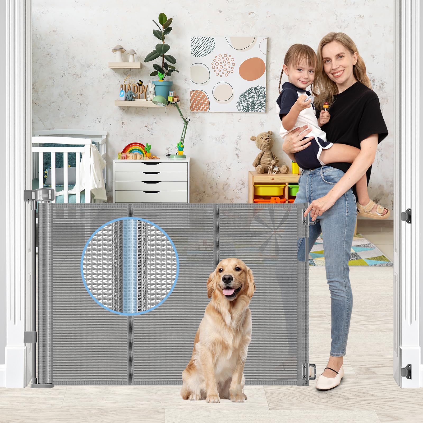 Reinforced Retractable Baby Gates with Support Rods, Retractable Gate for Babies and Pets Prevent Bottom Crawling Through, Extends up to 55” Wide,
