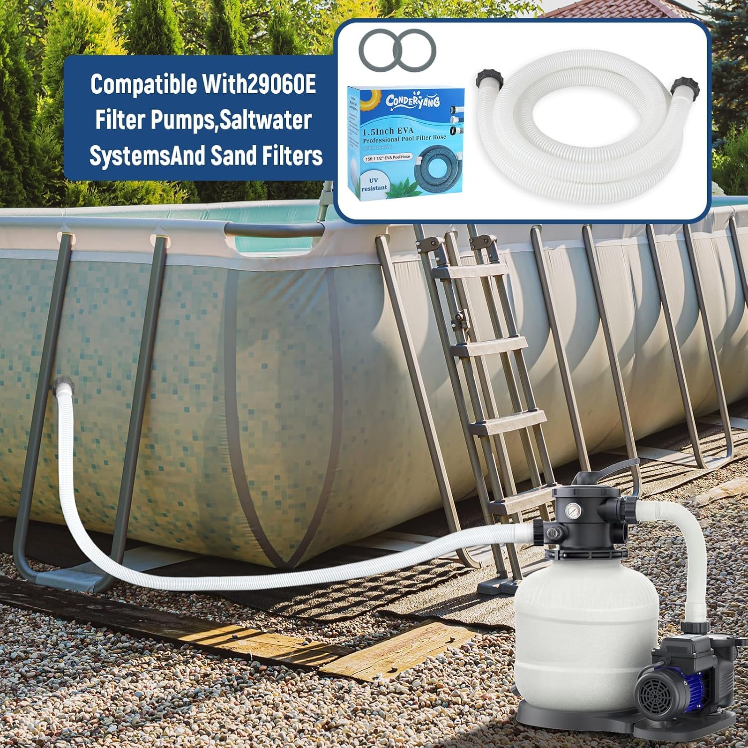 2026 Upgrade 15ft 1 1/2" Pool Hose for Above Ground Pools 1.5" EVA Pool Pump Replacement Filter Hoses Swimming Pools Filter Hose for Filters Pumps,Saltwater Systems and Sand Filters (White)