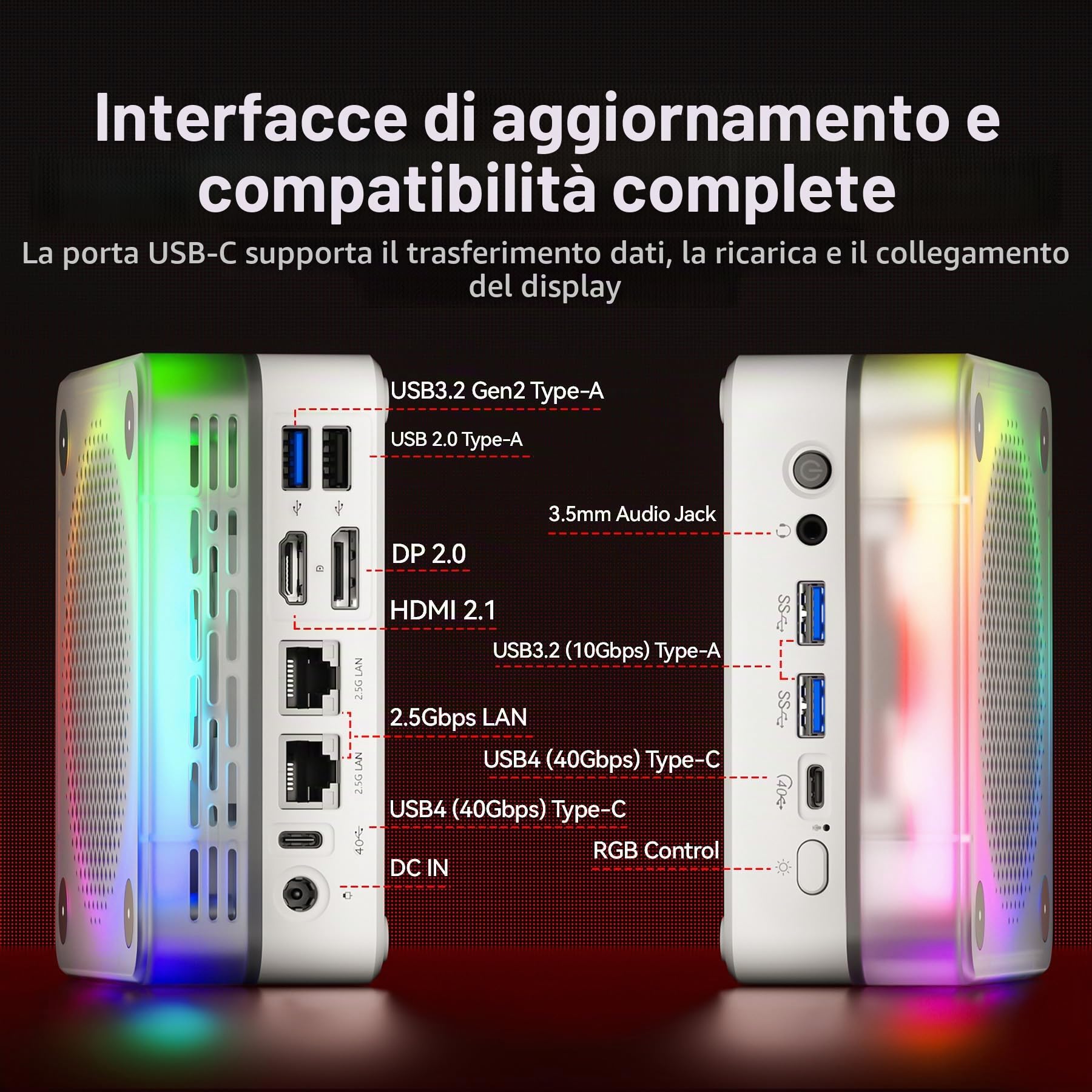 Mini PC Ryzen 7 H 255 (8/16, 3,8-4,9 GHz), Radeon 780M, 16 GB DDR5 a 5600 MHz, SSD PCIe 4.0 da 512 GB, WLAN 6, BT 5.2, 2 porte LAN 2,5G/USB4 (4K a 60 Hz),Ideale per l'ufficio e il tempo libero