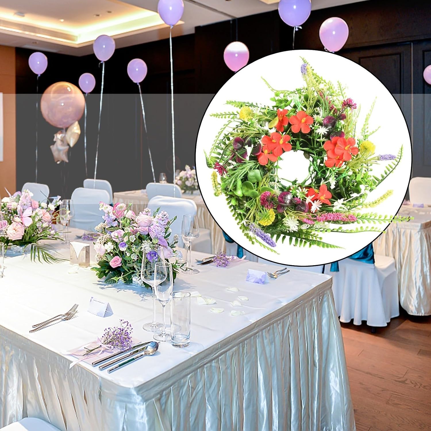 Wildflower Garland 30 cm Artificial Dried Flower Wreath for Spring Front Door or Wall Decoration, Plastic Floral Ring in Colorful Design