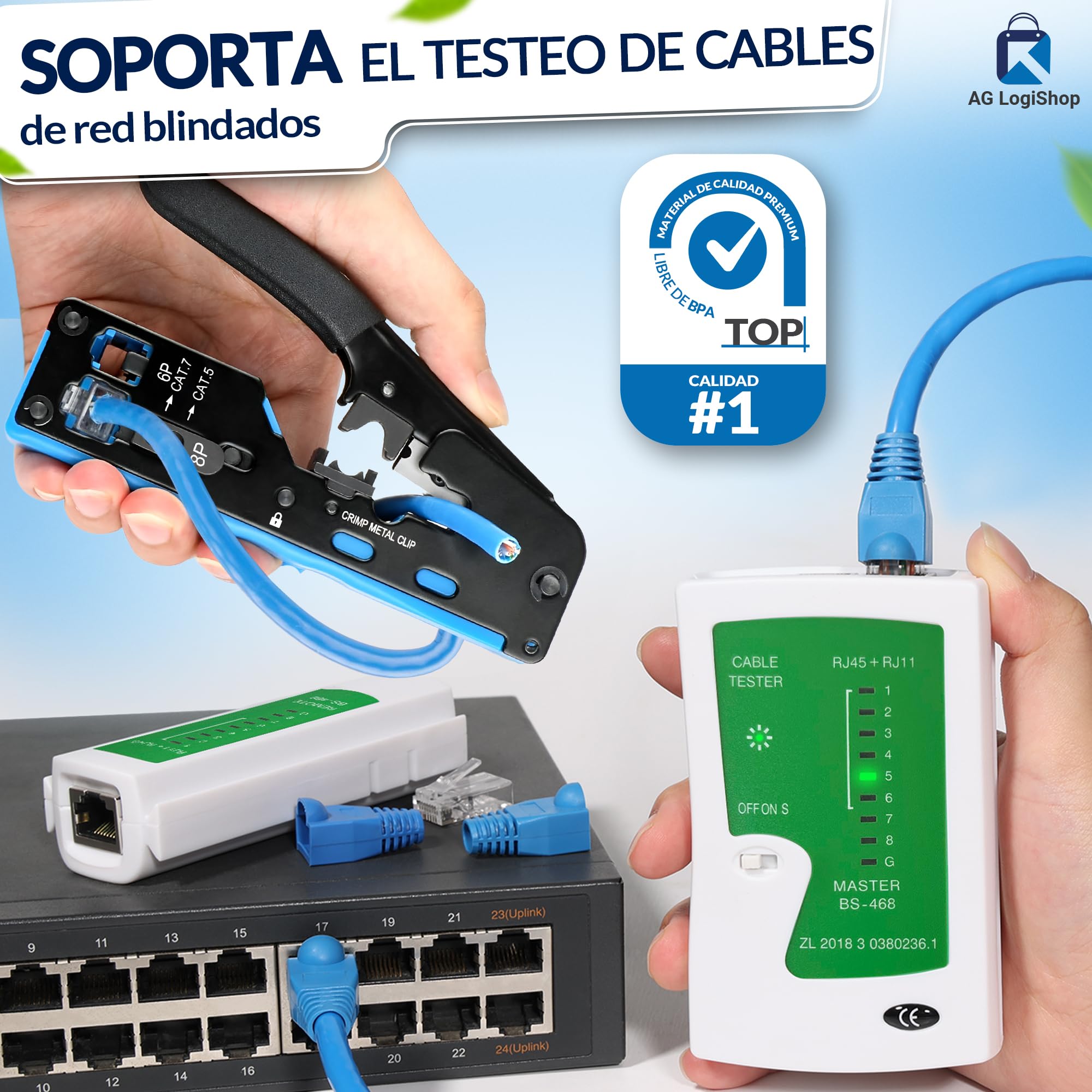 AG LogiShop Kit Herramienta de Crimpado RJ45 + Alicates + Pelacables + Comprobador de Conexión + 50pc Conectores + 50pc Fundas + Bolsa de Almacenamiento | Cat5/5e/6/7 + 6P/8P
