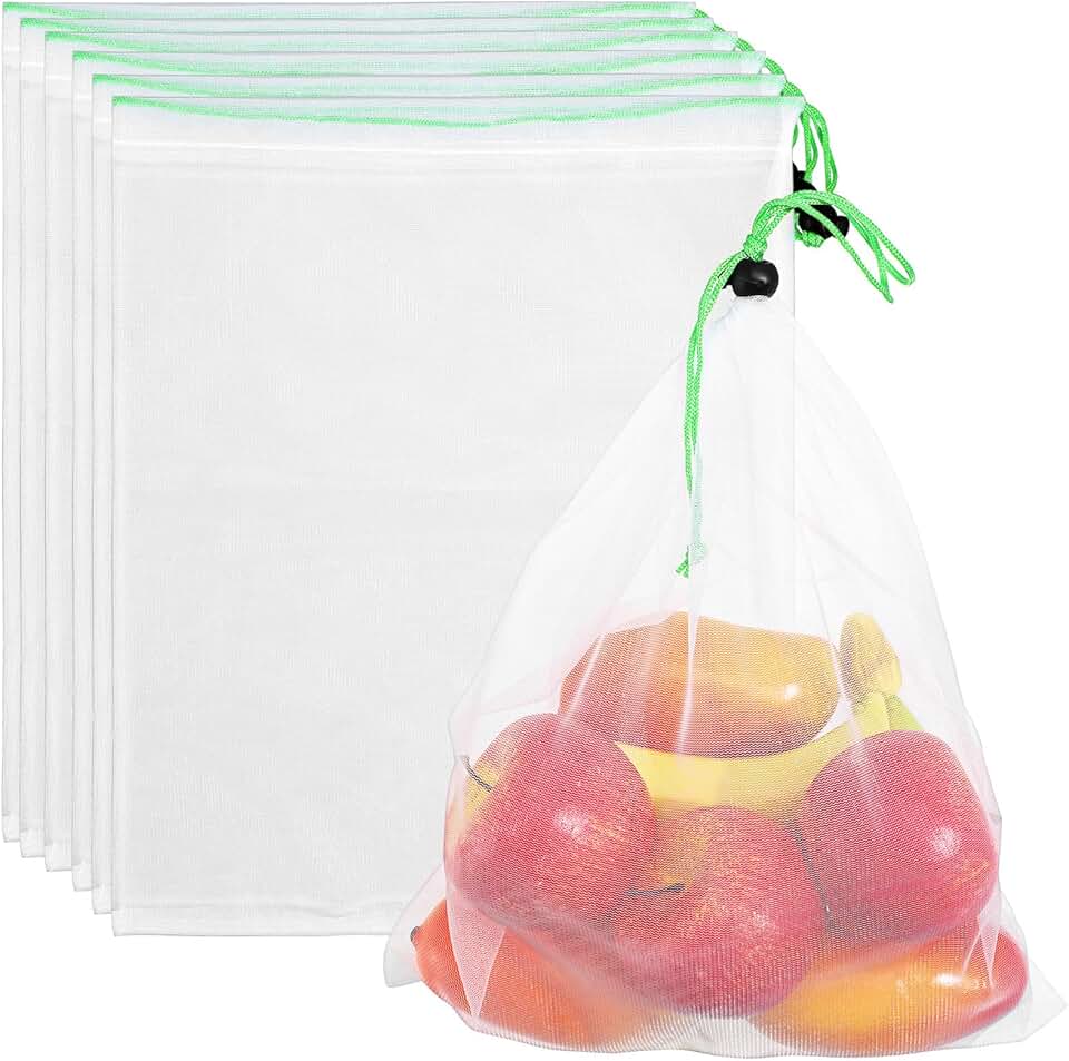 Reusable Mesh Produce Bags for Fruit and Vegetables, 6pcs 30x35cm Drawstring Polyester Net Bags, Breathable Storage Pouches for Gr