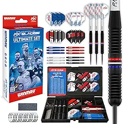 Winmau Conjunto definitivo PDC com dardos e acessórios de latão de ponta de aço 22G - Inclui voos e eixos de dardos (hastes)