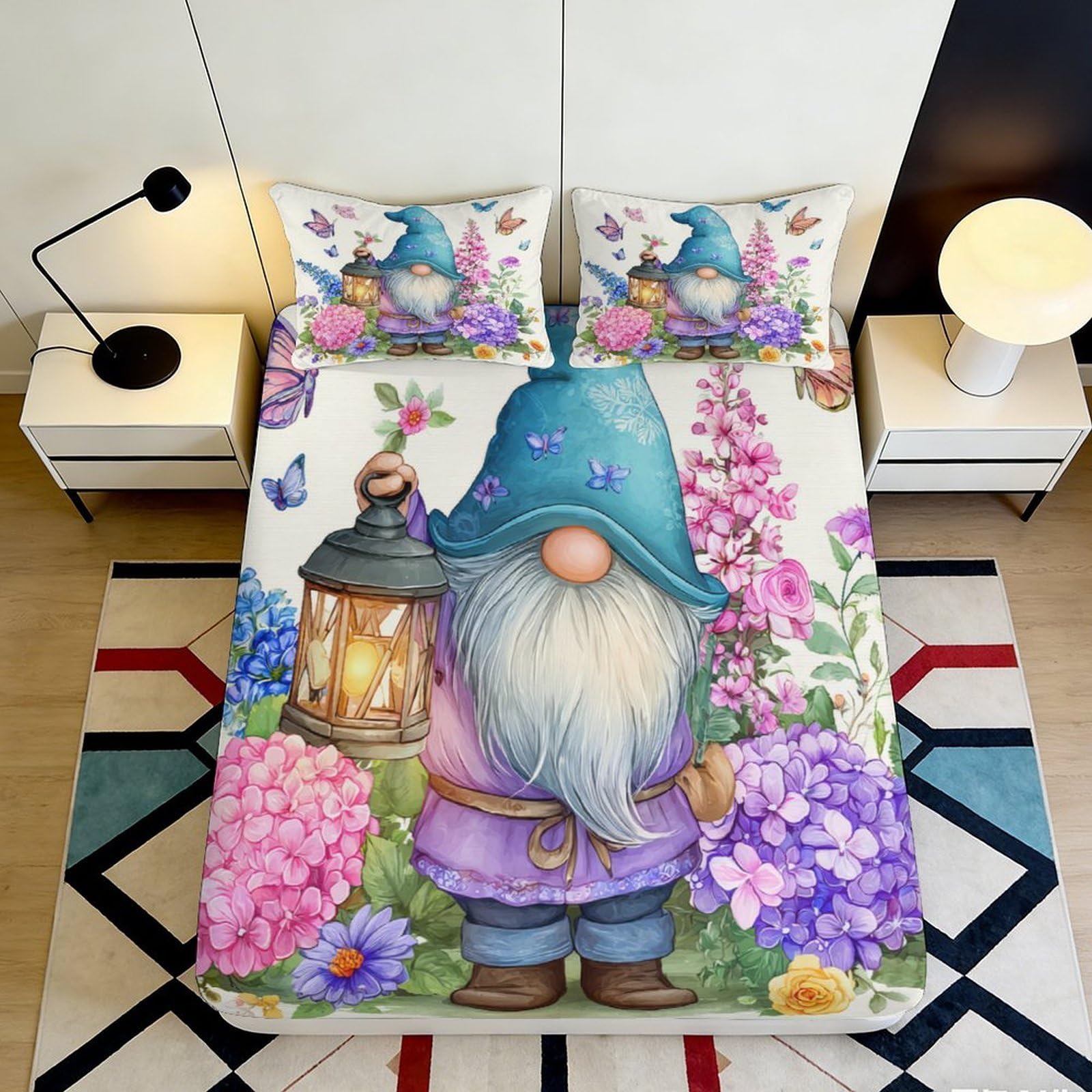 3D Printed Garden Gnome Fitted Sheet Microfiber Floral Lantern Mattress Cover for Bedroom Dorm Decor Protection 90x200x25cm