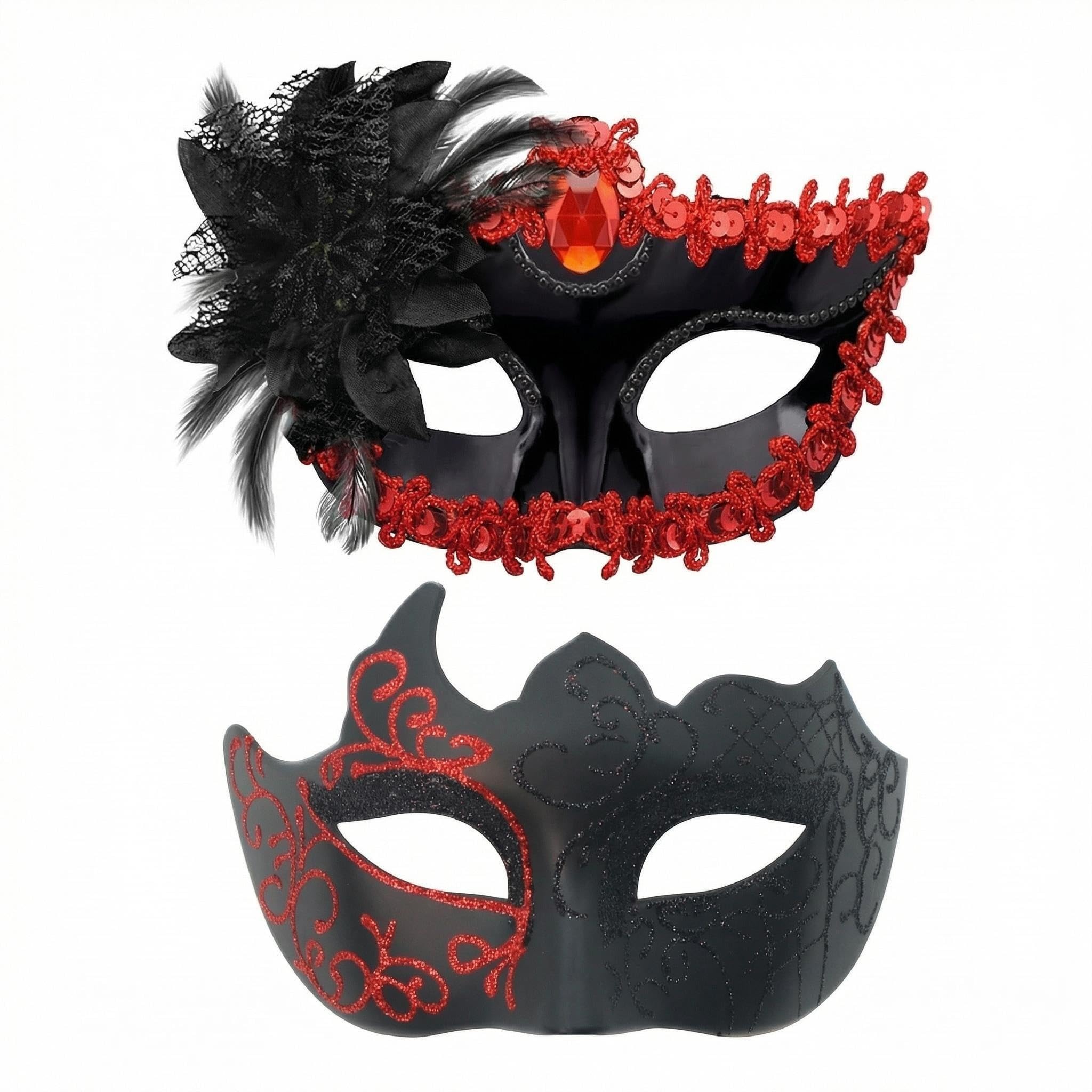 Xizhounianfeng 【2 Pack】 Plastic Lace Masks for Women Men Masquerade, Half Face Mardi Gras Mask, Venetian Carnival Eye Masks with Rhinestones for Halloween Christmas Cosplay Party Supplies(Red)