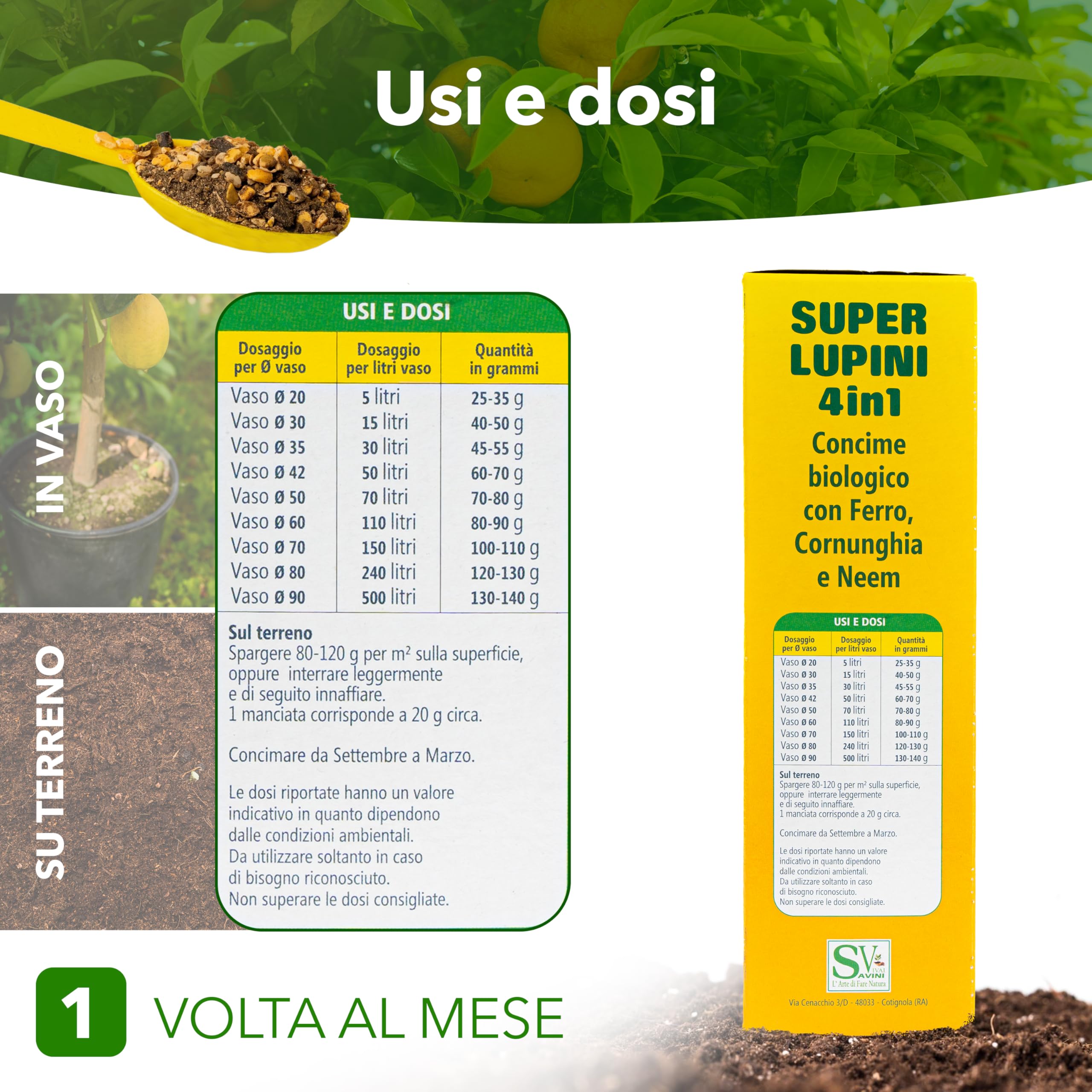 SAVINI VIVAI engrais aux agrumes Super Ground Lupins Engrais organique 4 en 1 pour une production abondante comme les citrons, mandarines, oranges en pot et entièrement moulues, 800g