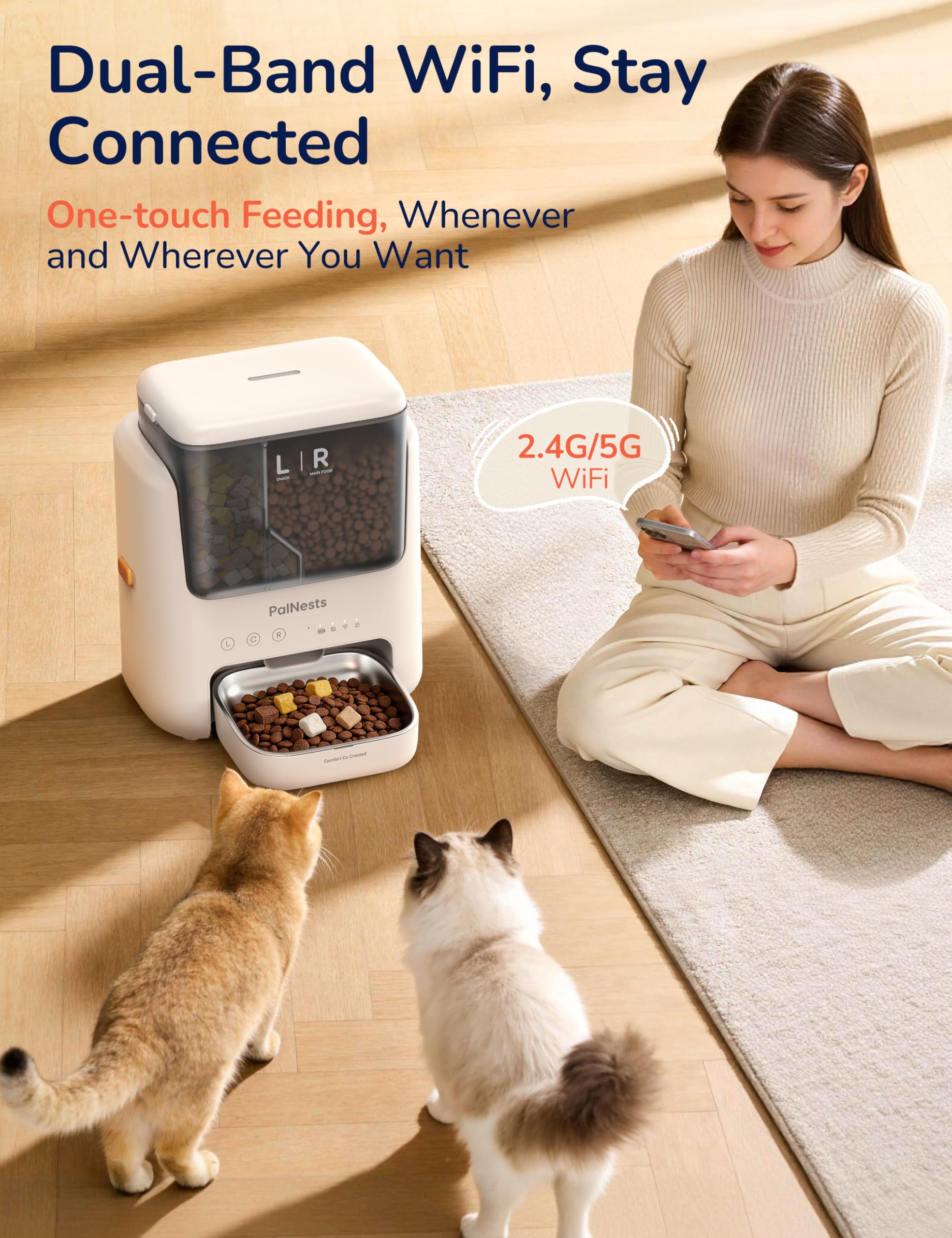 Automatyczny Podajnik Dla Kotów, 5L Podwójny Zsyp, Dozownik Karmy Dla Kotów/Psów, 2,4G/5G WiFi, Sterowanie Aplikacją, 10 Posiłków Dziennie, Kompatybilny z Liofilizowanymi Przysmakami, Kontrola Porcji