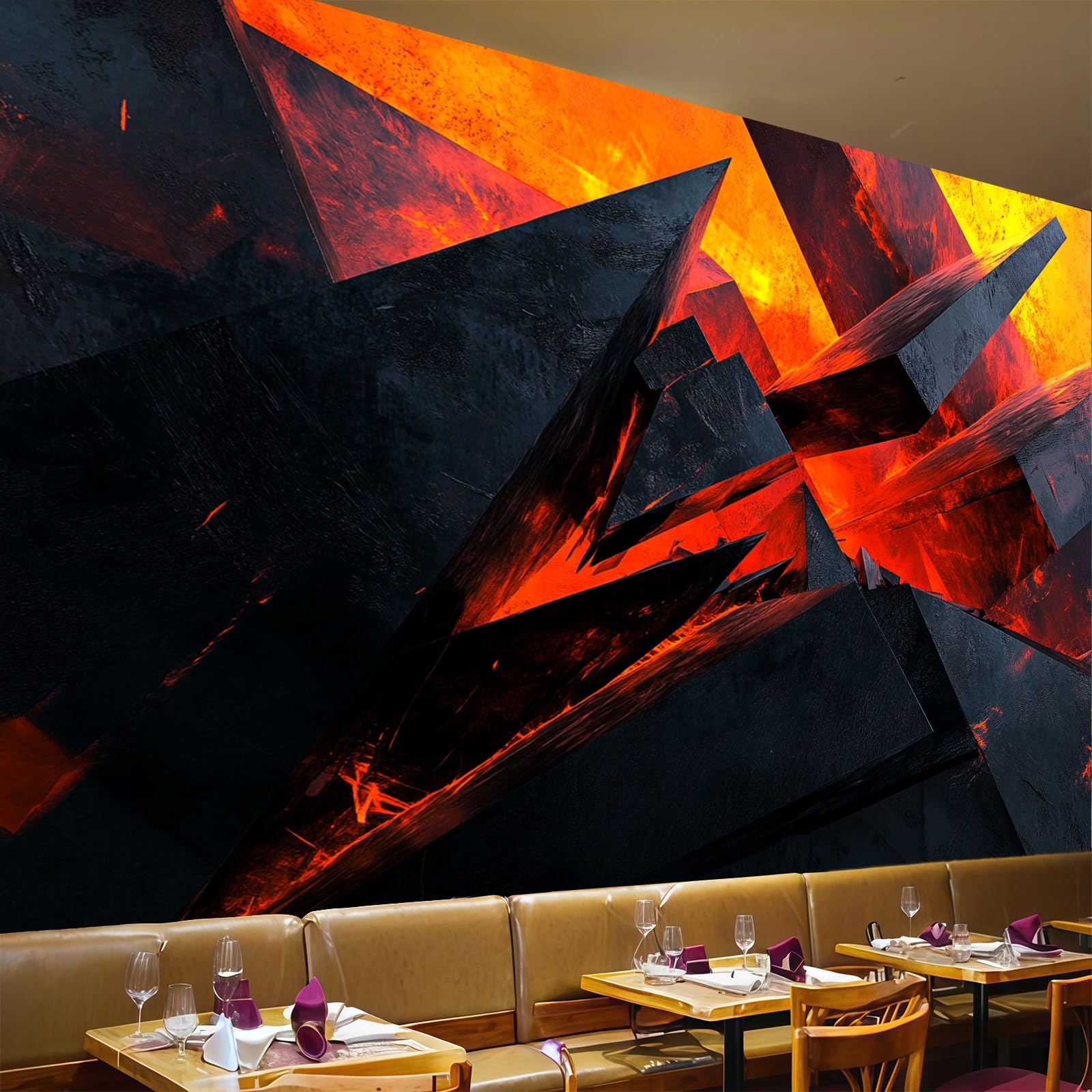 Papier peint panoramique géométrique 350x256cm orange intissé pour salon