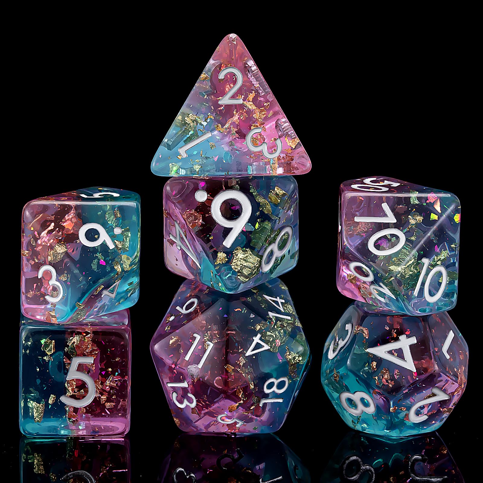 Resin Dice Set,Polyhedral Dice Blue Pink Glite Inclusion Dice,RPG D and D Dice Set for Role Playing Games for 15 Years and Up