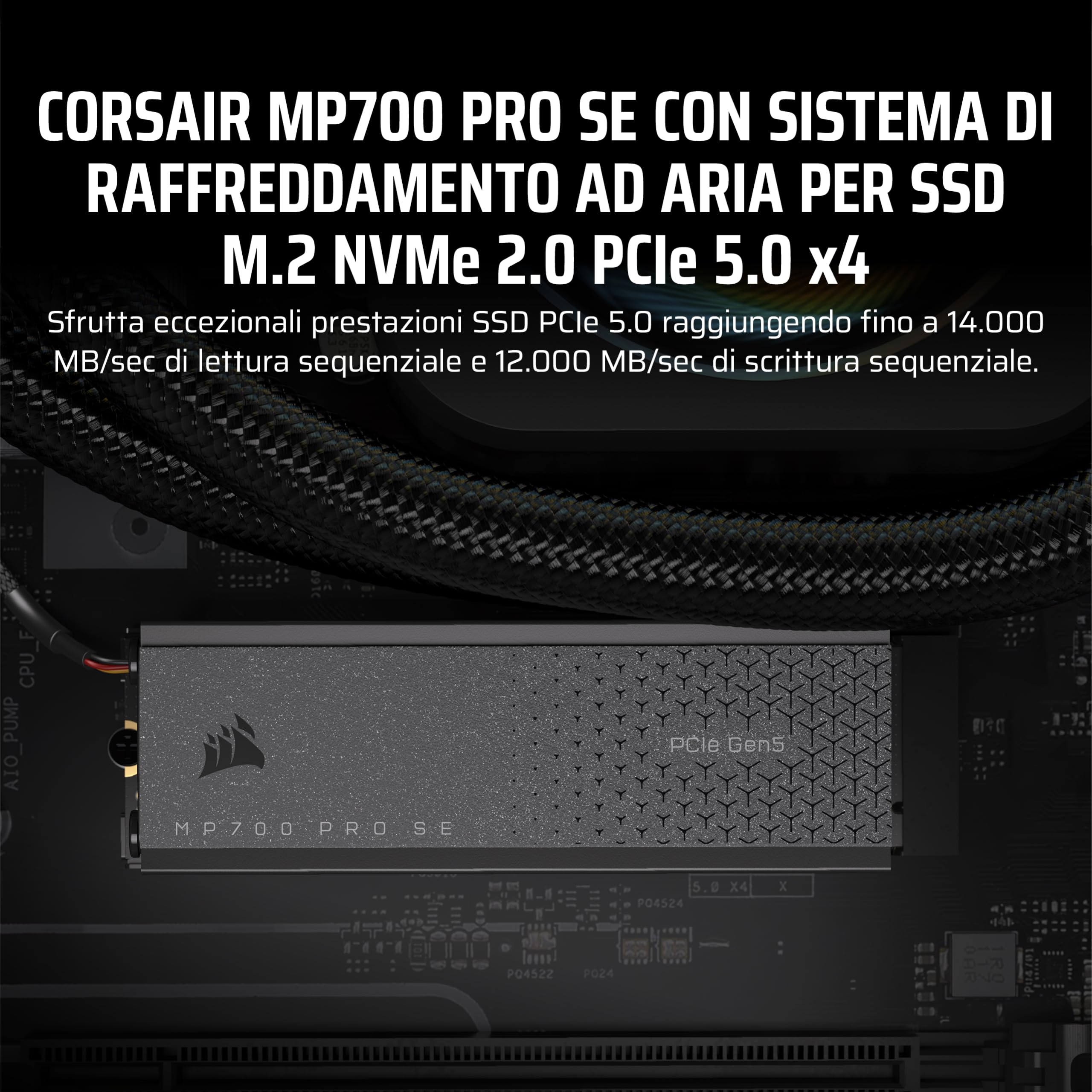 Corsair MP700 PRO SE con Raffreddatore ad Aria 4 TB PCIe 5.0 x4 NVMe 2.0 M.2 SSD – M.2 2280 – Fino a 14.000 MB/sec in Lettura Sequenziale – NAND 3D TLC ad Alta Densità – Nero