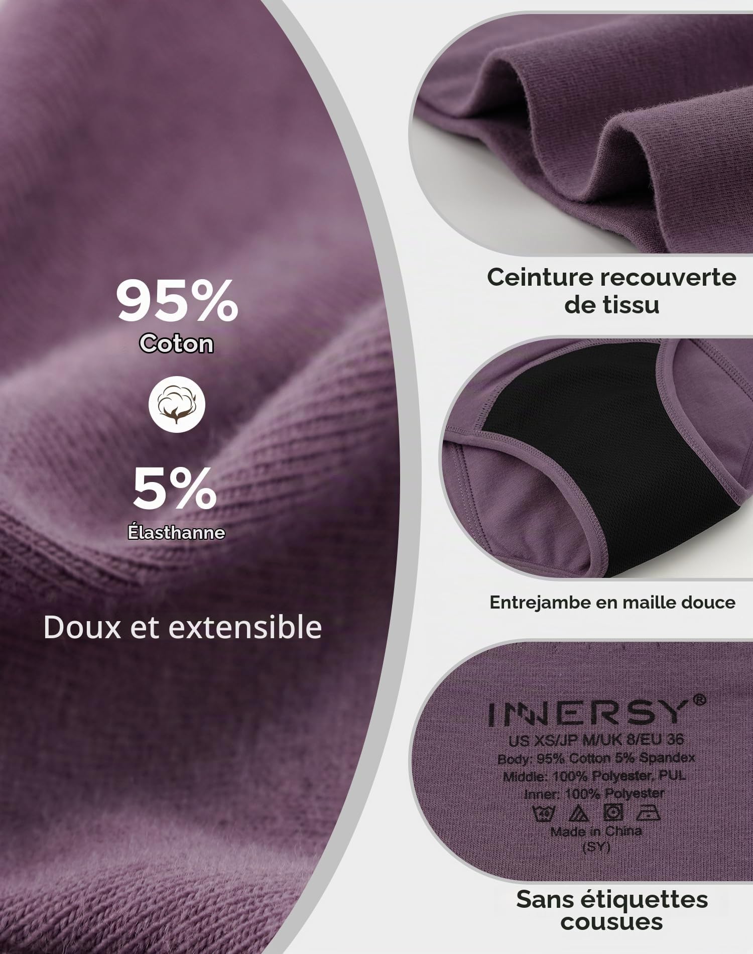 INNERSY Culotte Menstruelle Flux Abondant Coton Taille Haute 50ml Lot de 3 | Culottes Menstruelles Femme, Slip de Règle Lavable, Shorty Périodique Anti-fuite, Incontinence, Post Accouchement, Jour/Nuit