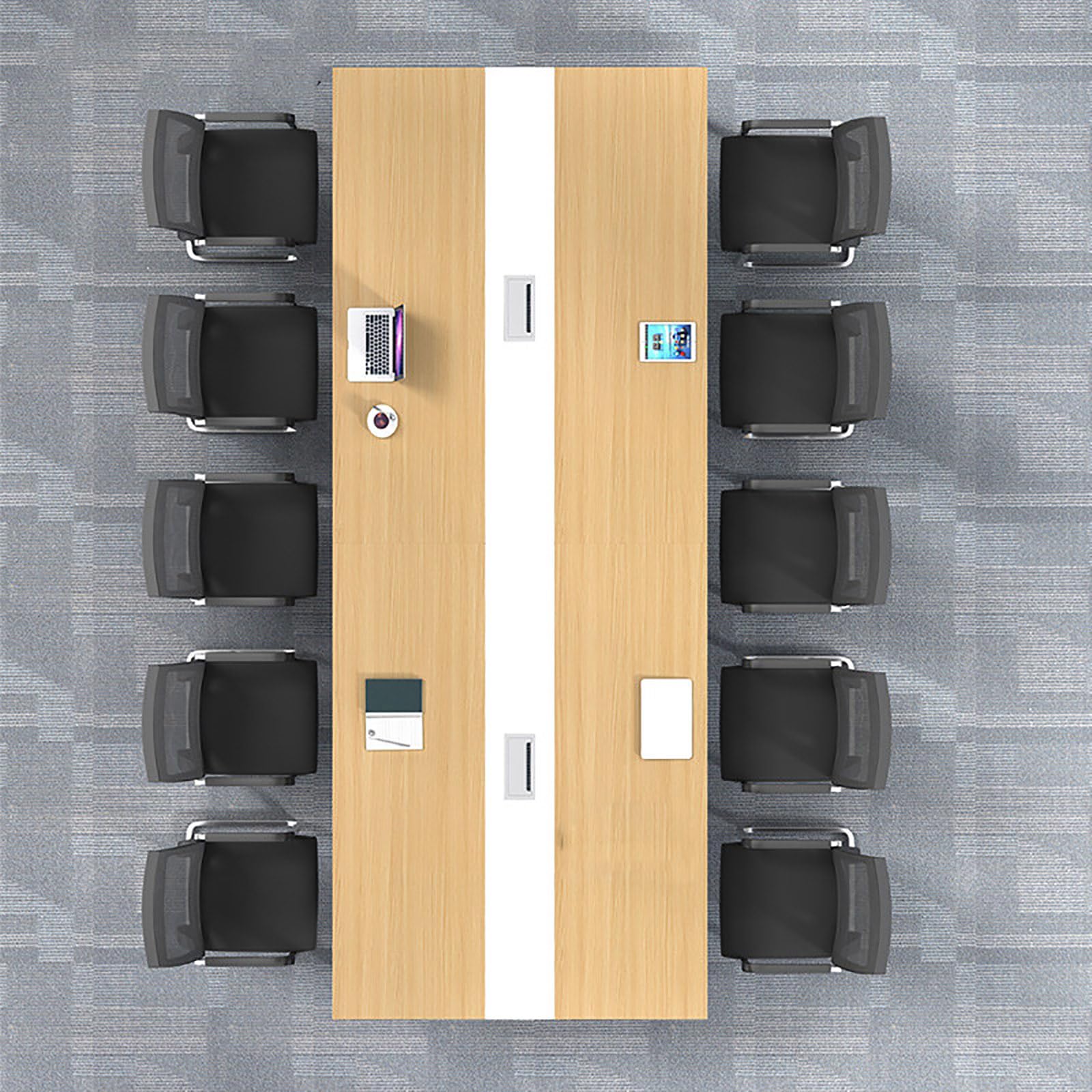 Tavolo Riunioni 240 cm per 8-10 Persone, Grande Tavolo Conferenze Rettangolare con Struttura in Metallo, Tavolo Ufficio con Passacavi per Sala Riunioni White