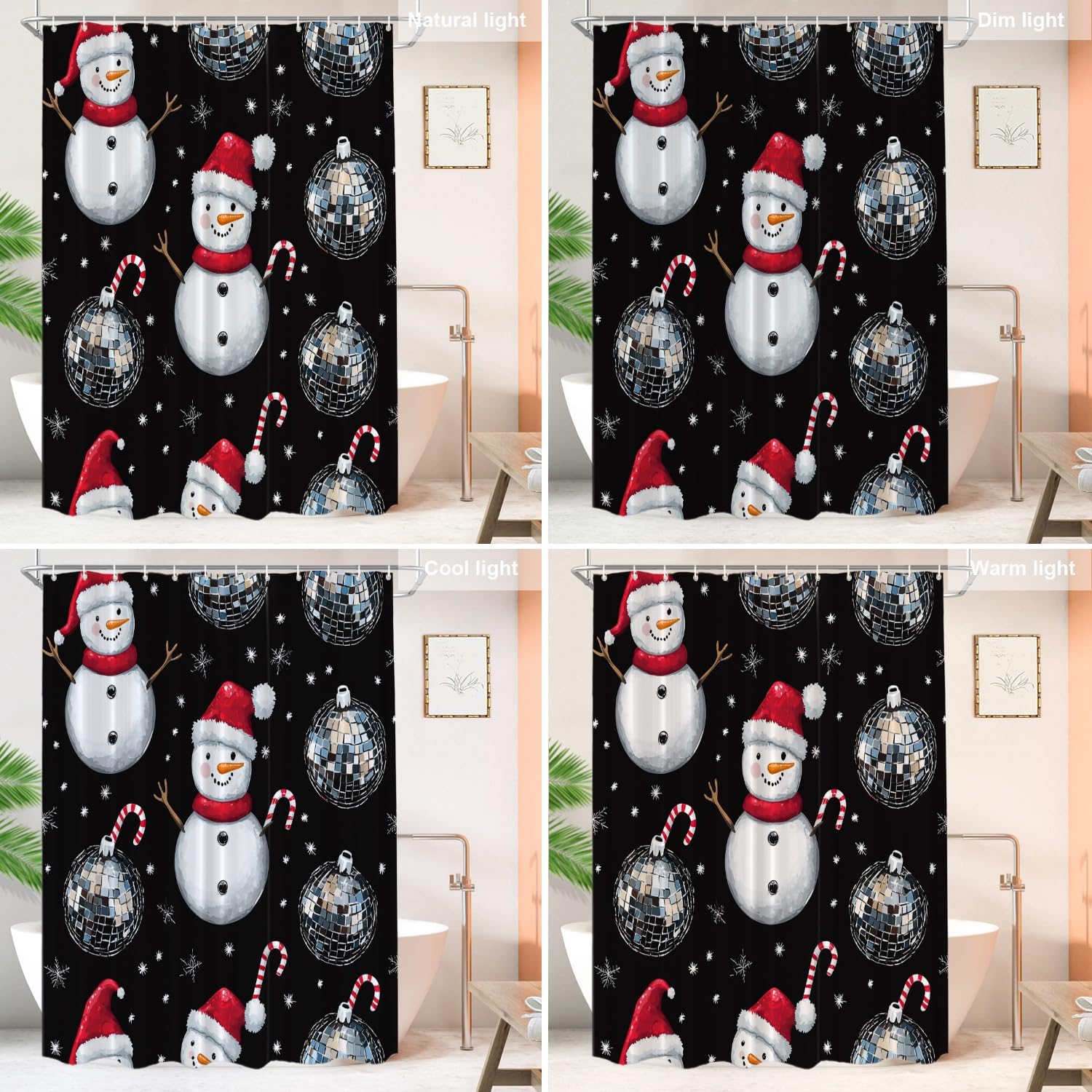 Shrahala Christmas Snowman Decorative Shower Curtain, Silver Disco Mirror Ball Bathroom Décor Polyester Fiber Waterproof with Plastic Rings for Shower Stall Bathtubs 72 x 60 in