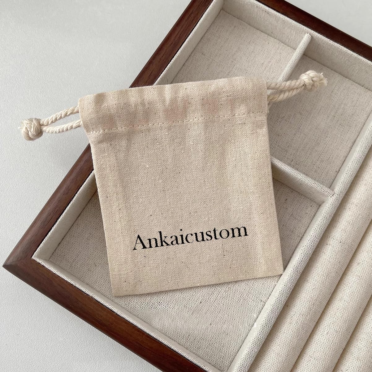 ankaicustom 100pcs Custom logo Nature Linen Cotton Bags Drawstring Fabric Bags Custom Logo Printed Soap candle sachet package supply wholesale, Natural Cotton Jewelry Pouch