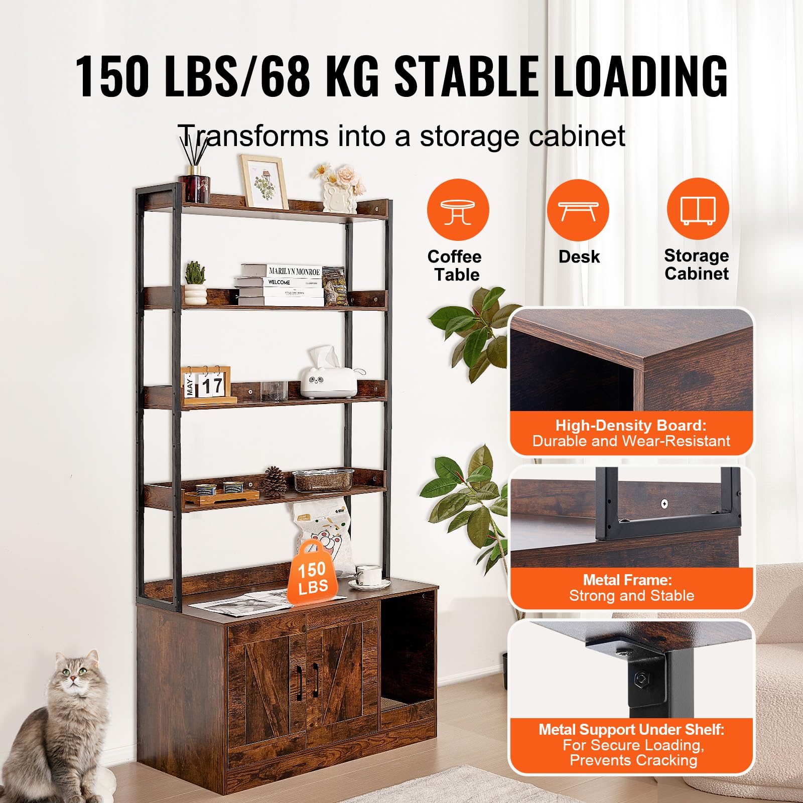 VEVOR Meuble Cache Bac à Litière pour Chat, 85x49x149 cm, Maison de Toilette pour Chat avec 4 Étagères de Rangement, Armoire en Bois pour Cacher la Plupart des Bacs à Litière pour Chats, Marron Foncé