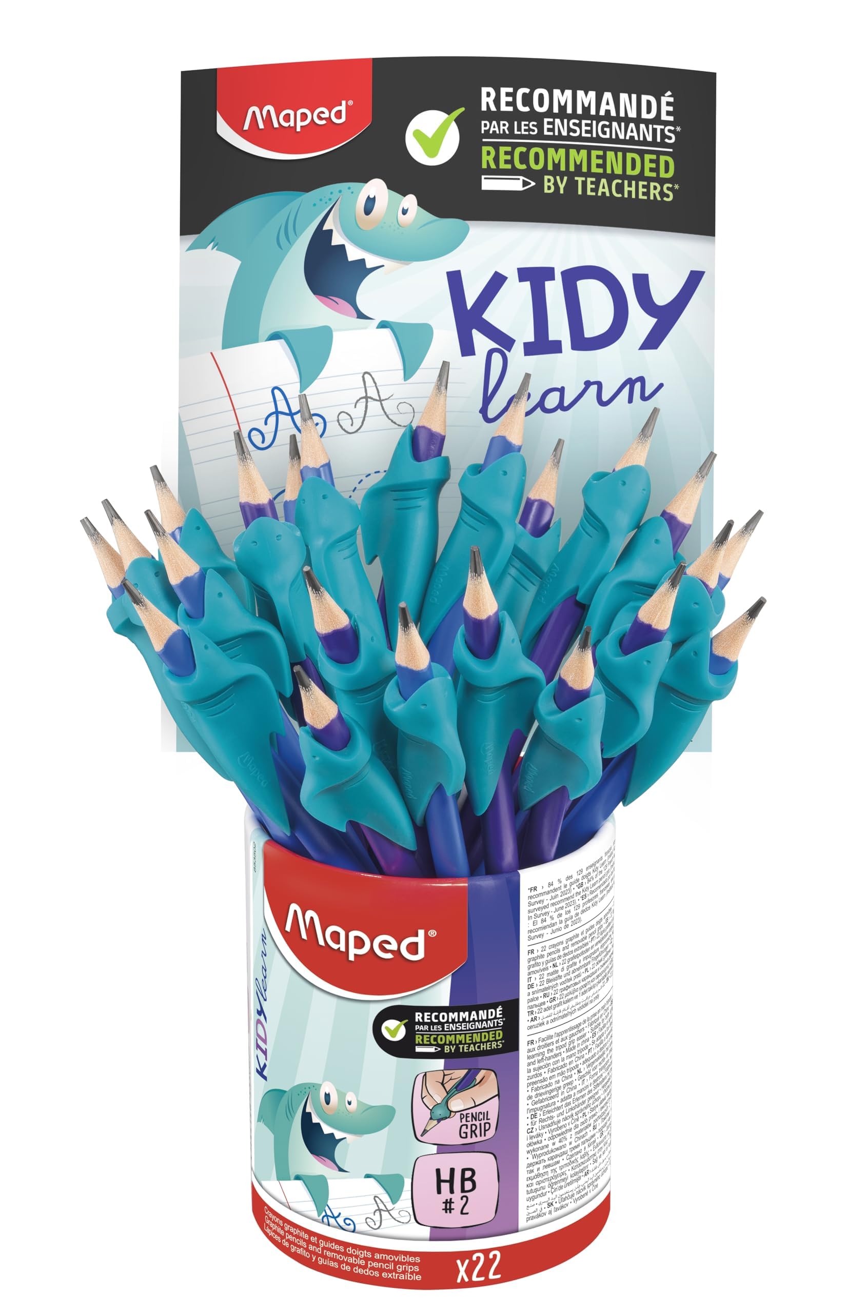 Maped – 22 Crayons graphites et guides-doigts amovibles – Guide-doigts en matière soft de couleur bleu – Outil d’apprentissage écriture pour graphites.