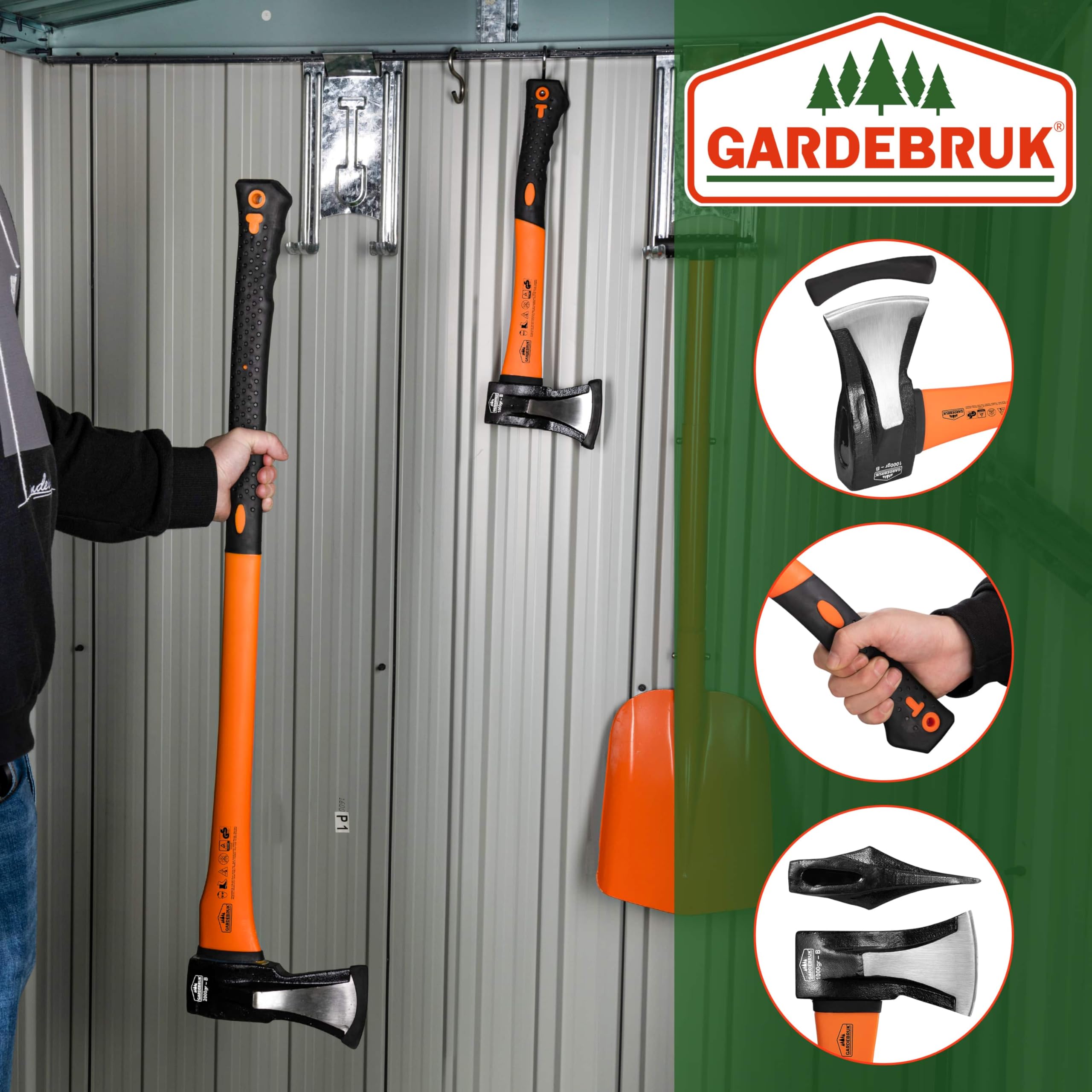 Gardebruk® Axt 2 kg Beil 1 kg Set ergonomischer Handgriff Gummischutz Universal Spaltaxt Spaltbeil Spalthammer Holzspalter
