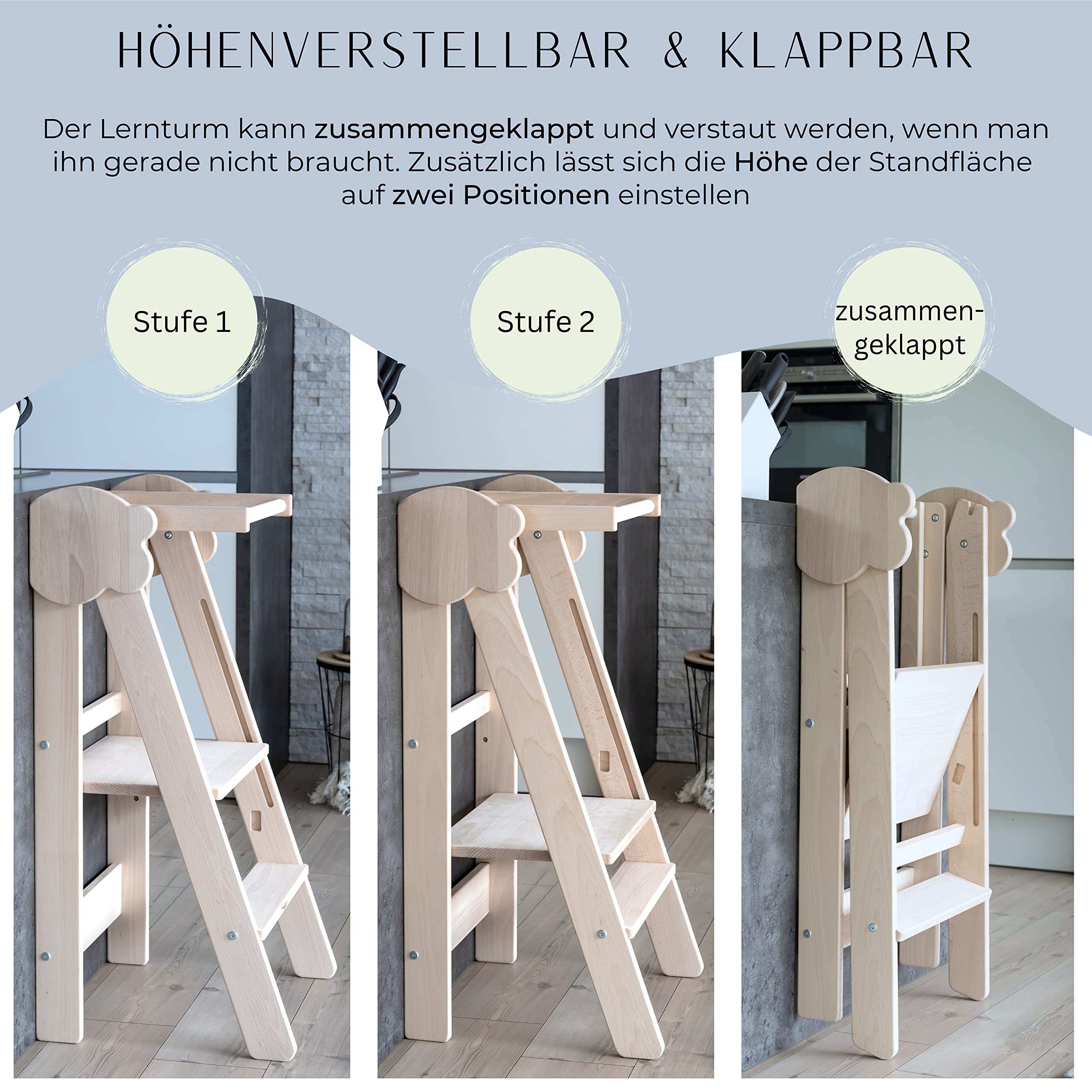 JOWE Lernturm für Kinder | Learning Tower aus Massivholz | klappbar und höhenverstellbar