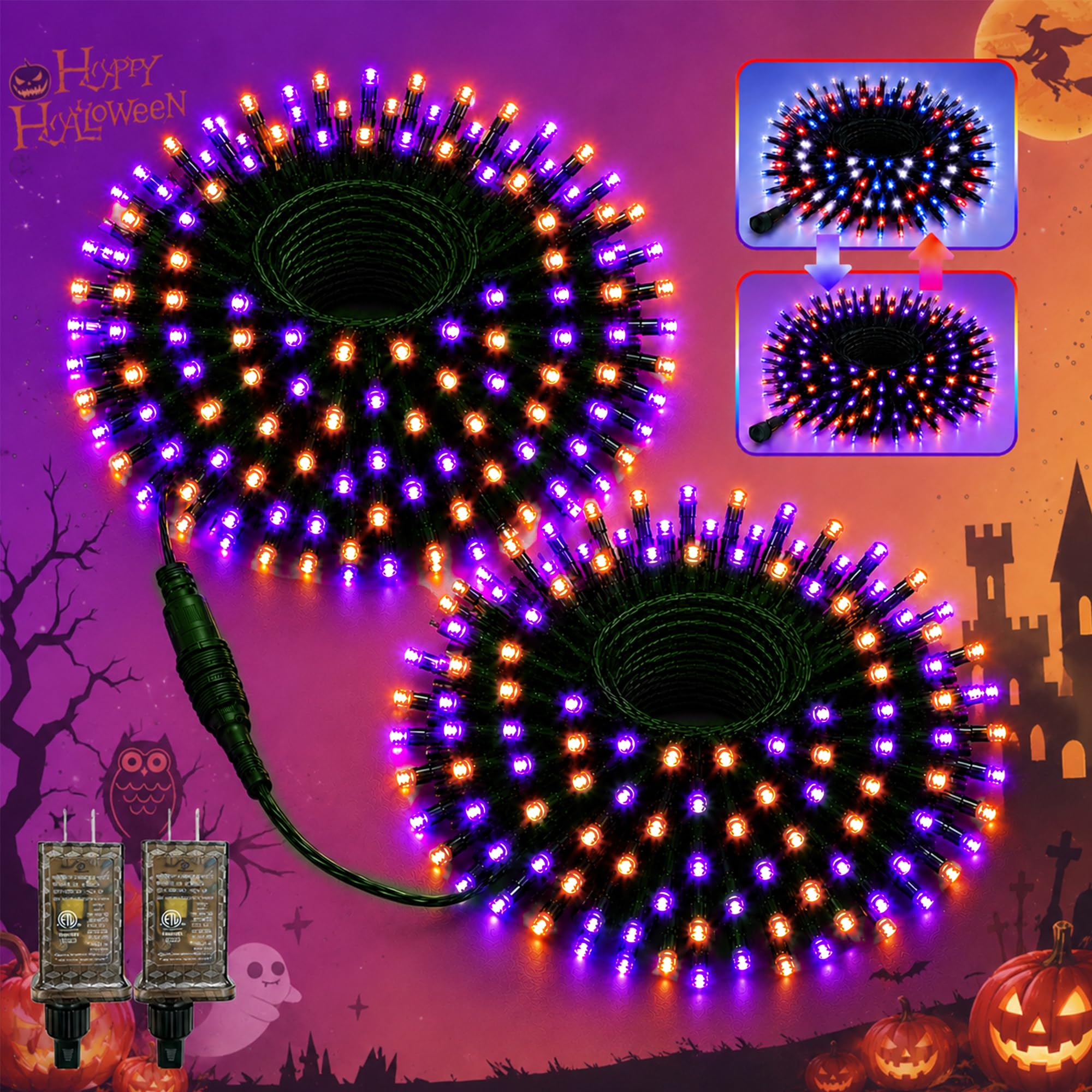 Photo 1 of 400LED Halloween Lights Outdoor, 2Pack 152ft Connectable Halloween String Lights Outdoor, Waterproof 11 Modes 2 Festival Color Patriotic Light for Halloween Independence Day(Purple Orange & RWB)