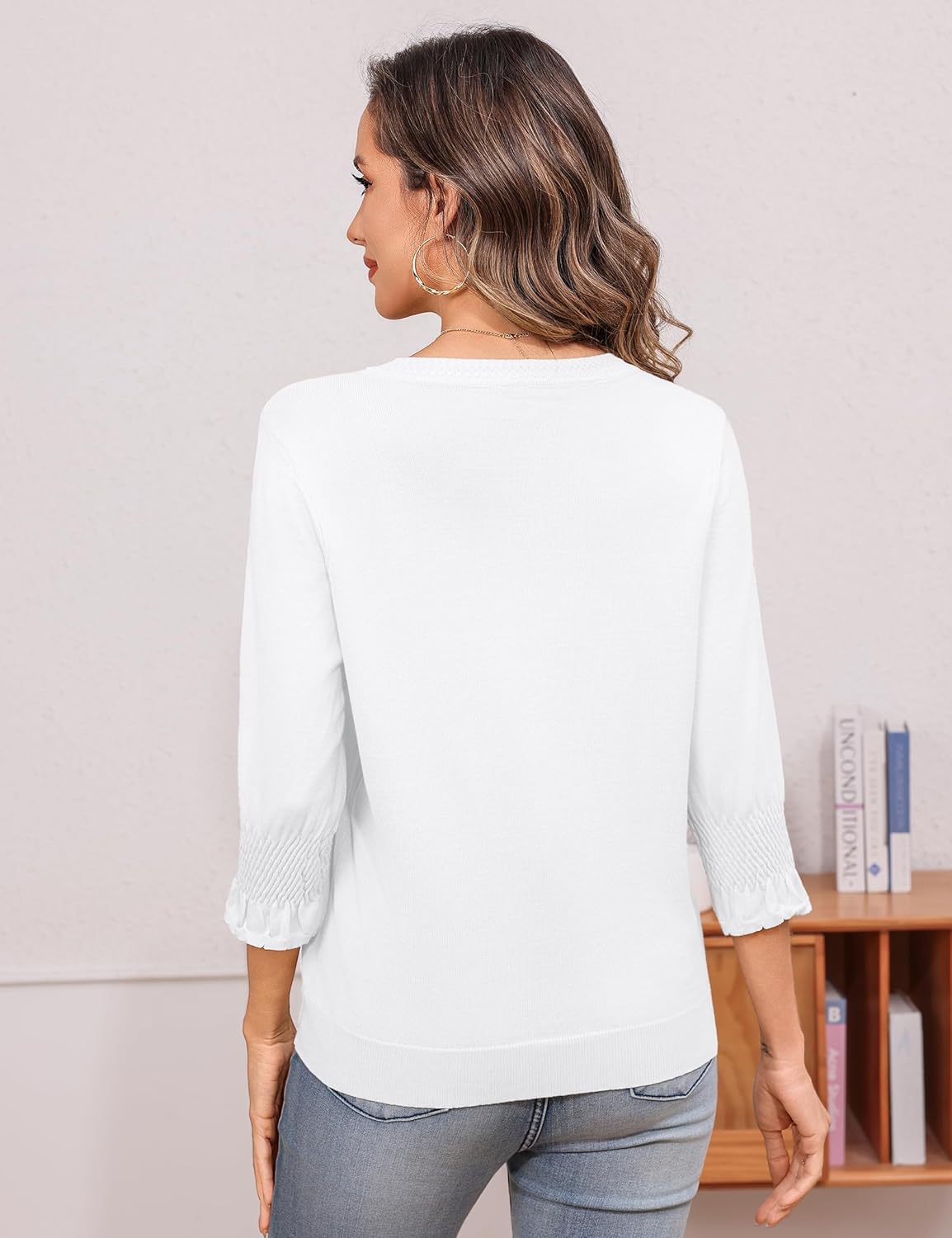 Totatuit Women 3/4 Pleated Sleeve Sweaters Casual Crew Neck Lightweight Knit Sweater Top Loose Basic Business Clothes - Image 3