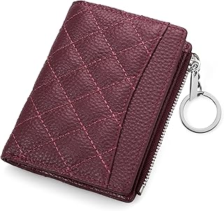befen Real Leather Small RFID Blocking Wallet for Women with Credit Card Holder Zipper Coin Pocket Key Chain Wallets - Burgundy Red