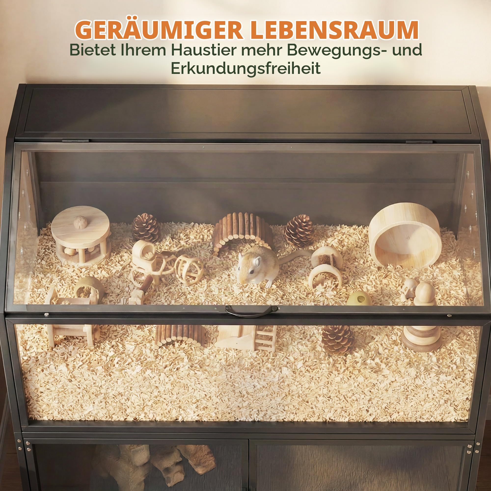 PawHut Hamsterkäfig 2-in-1 mit Aufbewahrungsschrank – Riesen-Lebensraum 104 cm für Nagetiere aus Stahl und transparentem Acryl – großer Käfig Design für syrische Hamster und Mäuse, schwarz
