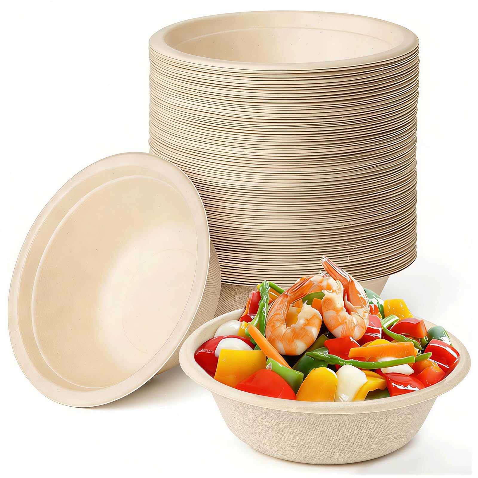 Coztie Soup Bowl, Disposable Bowls Soup Bowls Disposable, Sugar Cane Bagasse, compostable for BBQs Party and Picnic Paper (Natural Color, 500ml)