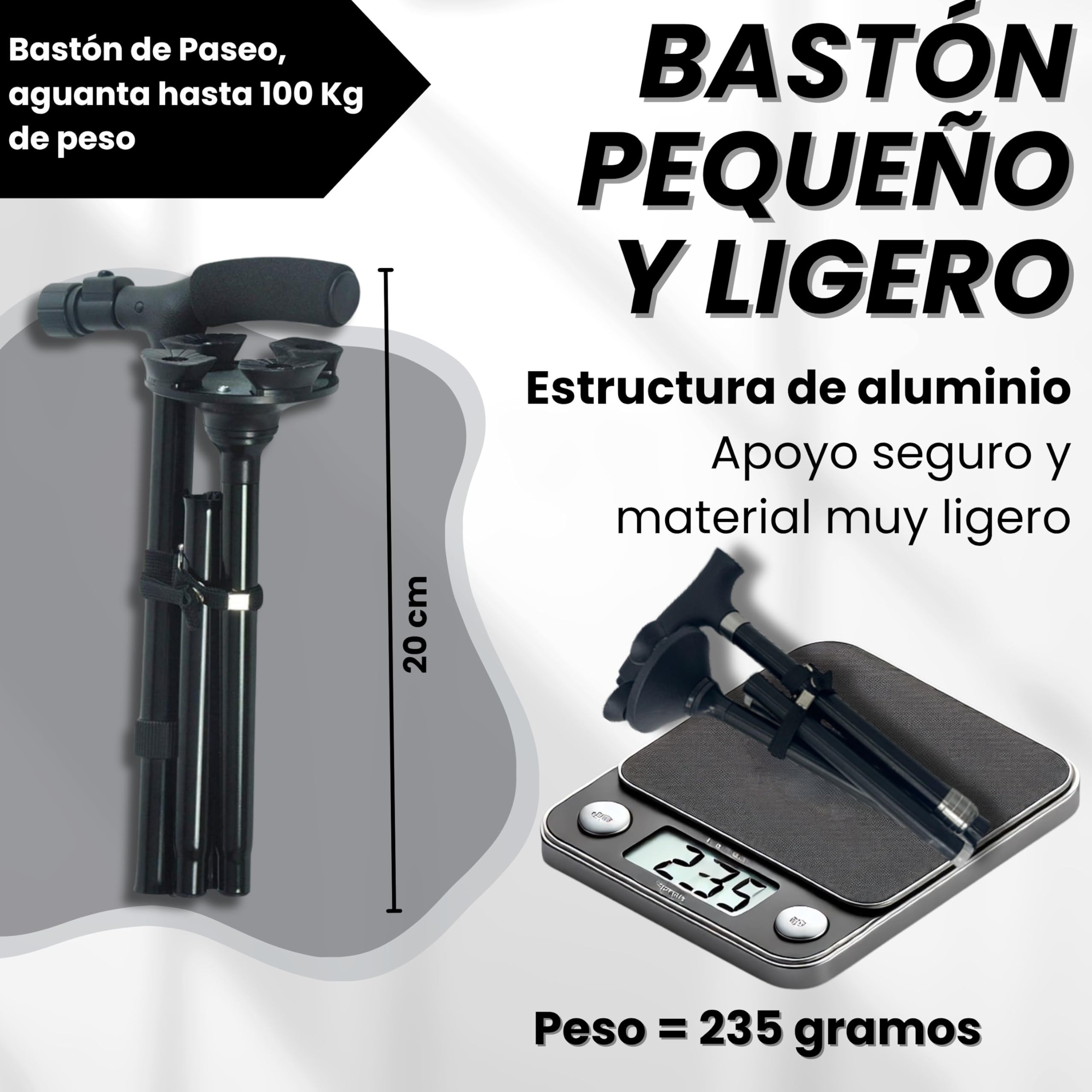 Bastón Plegable para Mayores con Luz LED | Extensible y Ajustable en Altura | Aluminio Ultraligero y Mango Acolchado | Base Antideslizante 4 Puntos | Seguridad Día y Noche | Evita Caídas