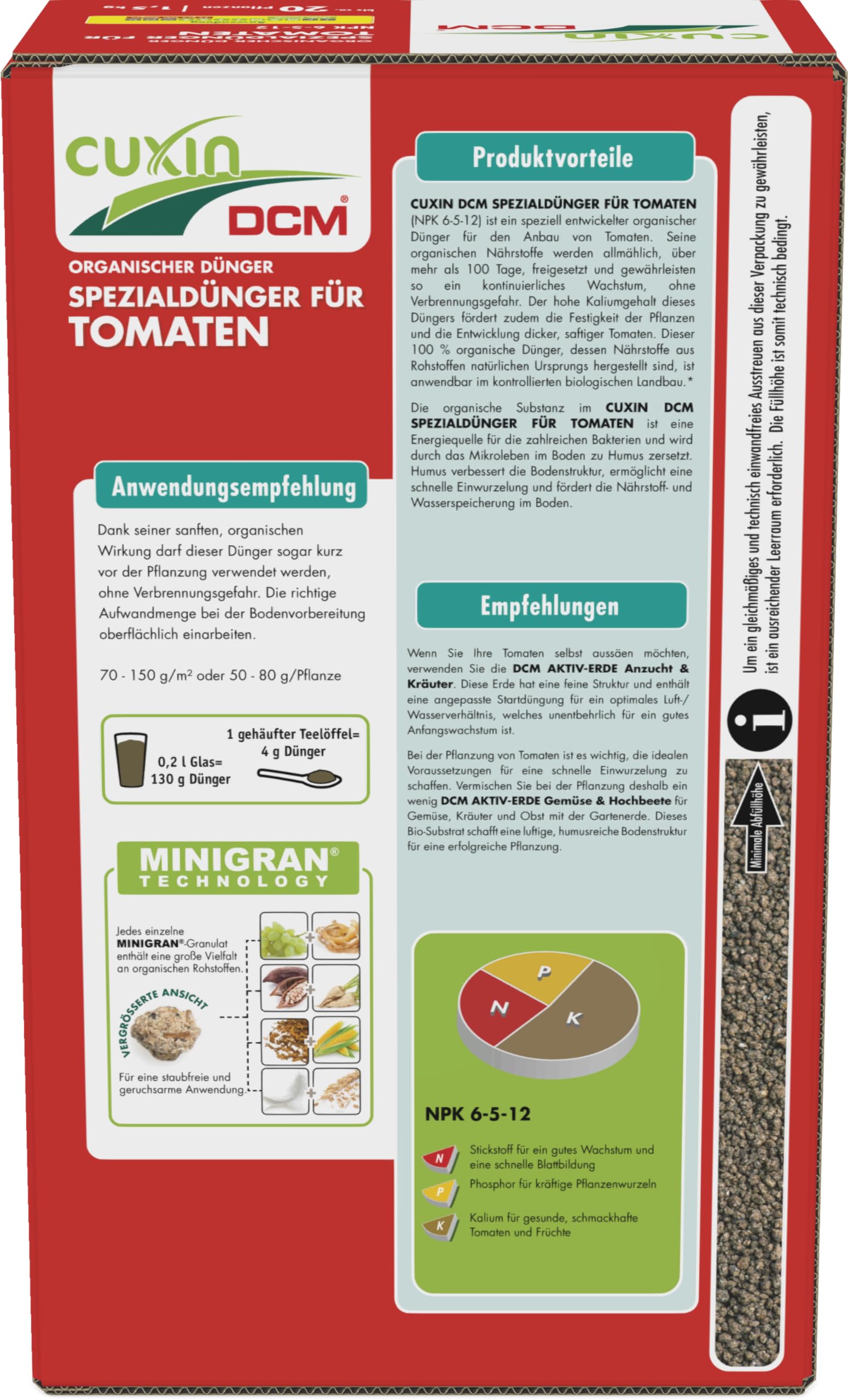 CUXIN DCM Engrais spécial pour tomates – Engrais pour tomates – Avec technologie MINIGRAN® – Engrais pour tomates – Engrais bio organique – 1,5 kg pour 20 plantes