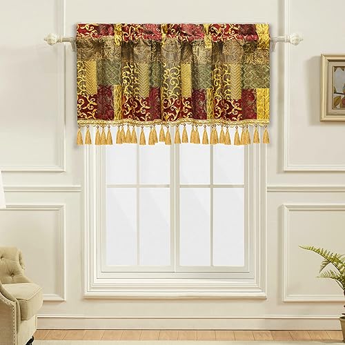 Miniatura 2 de Loom and Mill Cortinas de lujo con cenefa para ventanas, elegante tratamiento de ventana de felpilla gruesa de damasco con borlas hechas a mano para
