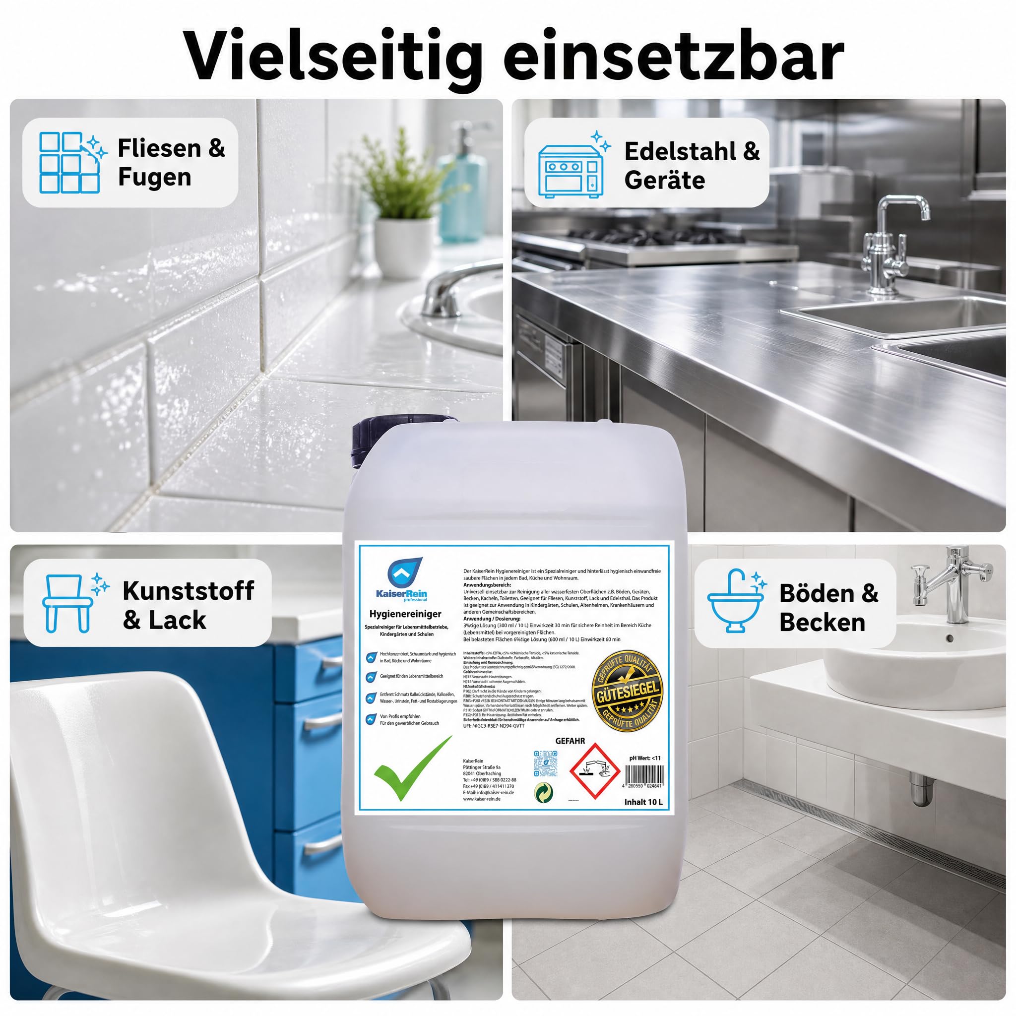KaiserRein Hygienereiniger Konzentrat, Profi-Universalreiniger für Bad, Küche & Boden, Sanitärreiniger/Kalkreiniger/Fettlöser, 10 L Kanister, schaumfähig für wasser- & säurebeständige Oberflächen