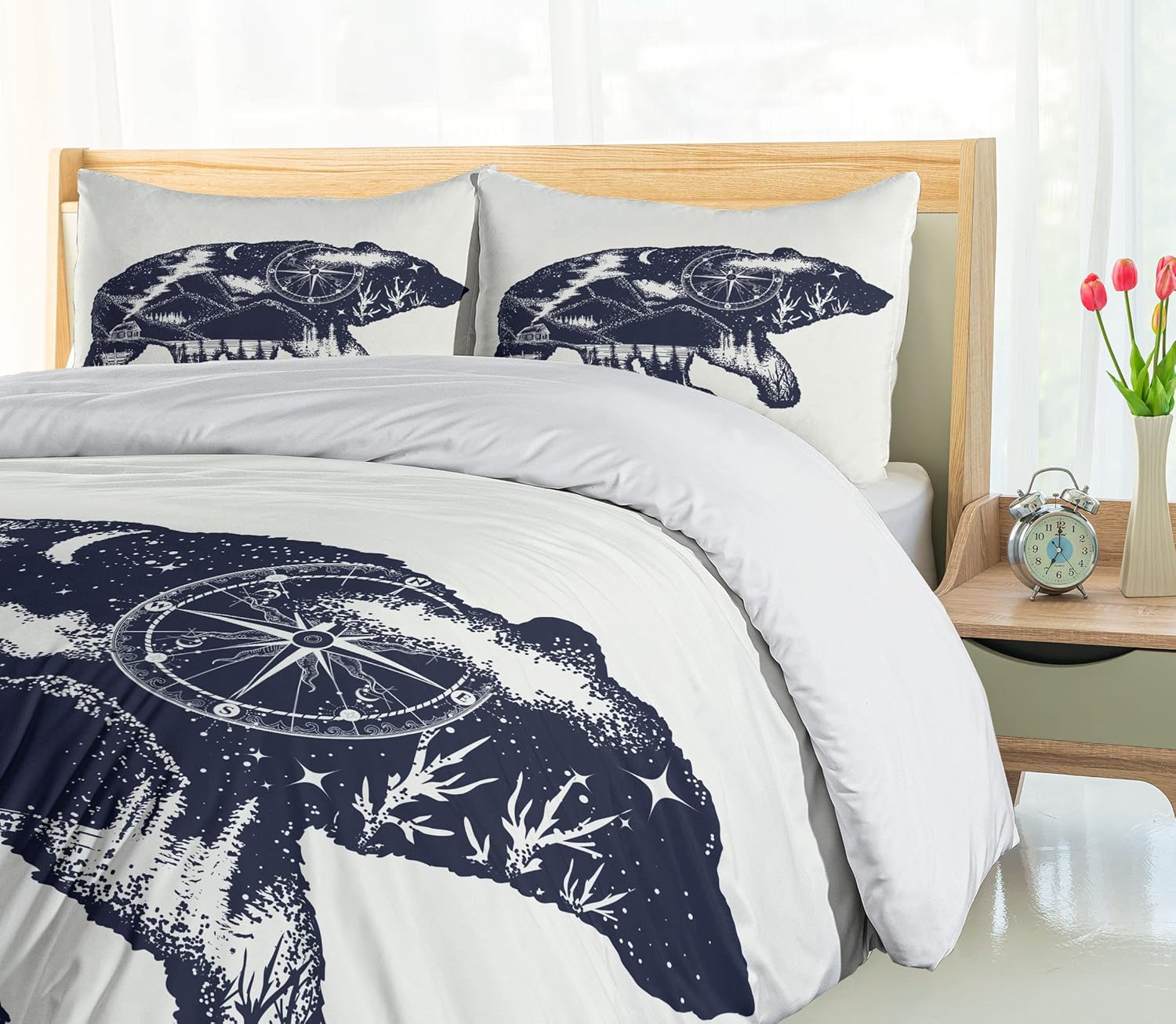 Cabin Duvet Cover Set Queen Size by Ambesonne, Bear Double Exposure Tattoo Artistic Image Great Outdoors Mountains Compass, Decorative 3 Piece Bedding Set with 2 Pillow Shams, Dark Blue Cream