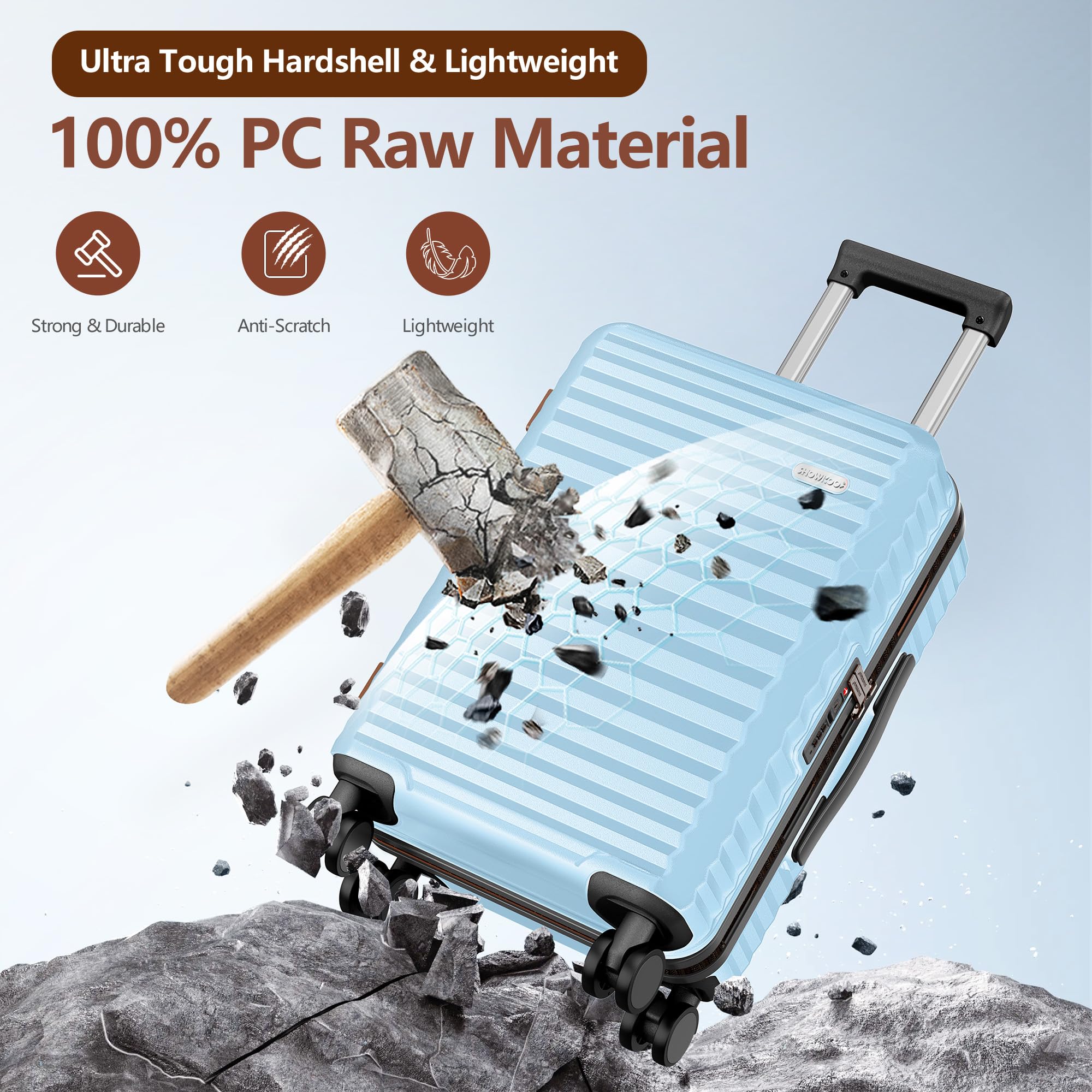 SHOWKOO Set Valigie 3 Rigide Espandibili 100% PC Set Trolley Bagaglio a Mano Valigia Viaggio Cabina con Chiusura TSA e Ruote Removibili (M-L-XL, Cielo Blu)