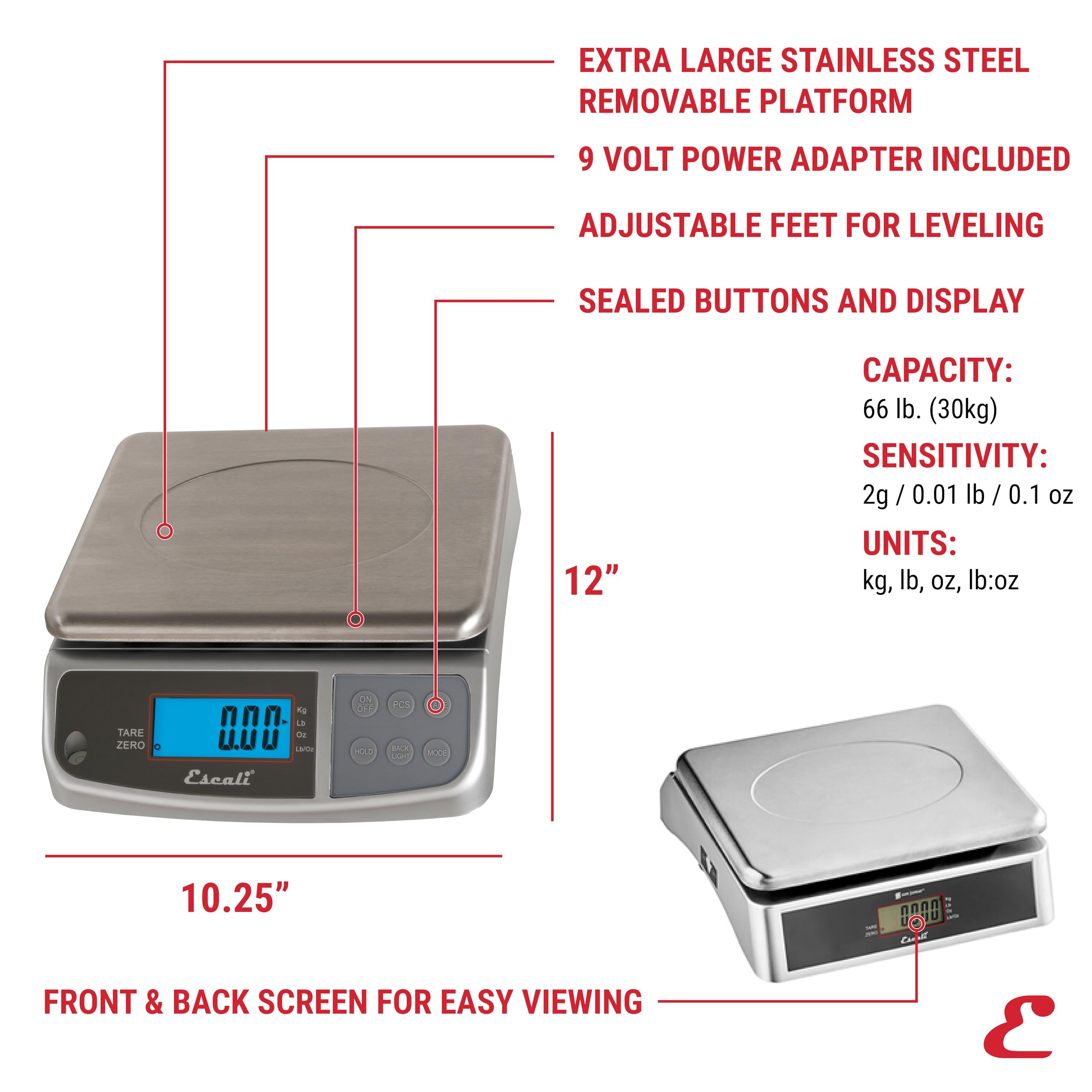 Escali M-Series NSF - Báscula digital de cocina e industrial, capacidad de 66 libras, pantalla doble, a prueba de derrames, acero inoxidable