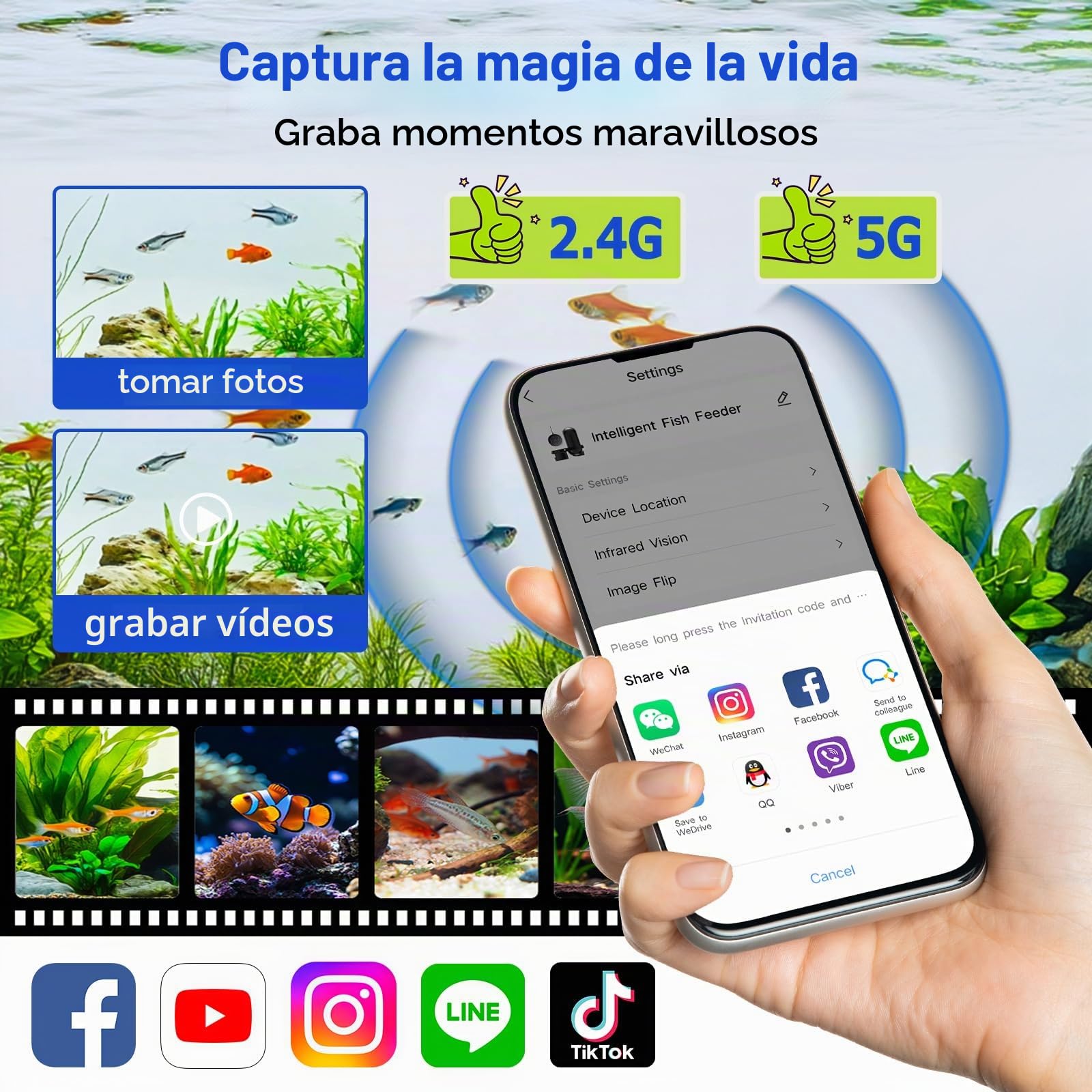 hygger WiFi Dispensador Automático de Comida para Peces, Alimentador Automático para Acuario con Control por APP, Alimentador Automático de Peces con Cámara, Dispensador de Comida para Peces USB de