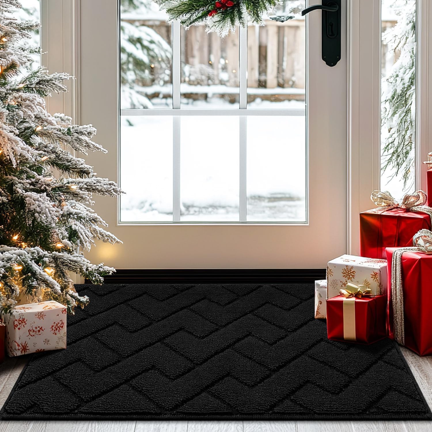 hicorfe Indoor Doormat,Welcome Door Mat TPR Backing Non Slip Mats 20x31.5 Absorbent Resist Dirt Entrance Doormat Inside Floor for Entryway Washable Low-Profile (Black)
